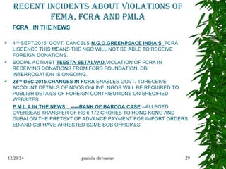 RECENT INCIDENTS ABOUT VIOLATIONS of
FEMA, fcra and pmla
 FCRA IN THE NEWS
 4TH
SEPT.2015: GOVT. CANCELS N.G.O.GREENPEACE INDIA’S FCRA
LISCENCE THIS MEANS THE NGO WILL NOT BE ABLE TO RECEIVE
FOREIGN DONATIONS.
 SOCIAL ACTIVIST TEESTA SETALVAD.VIOLATION OF FCRA IN
RECEIVING DONATIONS FROM FORD FOUNDATION. CBI
INTERROGATION IS ONGOING.
 28TH
DEC.2015.CHANGES IN FCRA ENABLES GOVT. TORECEIVE
ACCOUNT DETAILS OF NGOS ONLINE. NGOS WILL BE REQUIRED TO
PUBLISH DETAILS OF FOREIGN CONTRIBUTIONS ON SPECIFIED
WEBSITES.
 P M L A IN THE NEWS -----BANK OF BARODA CASE:--ALLEGED
OVERSEAS TRANSFER OF RS 6,172 CRORES TO HONG KONG AND
DUBAI ON THE PRETEXT OF ADVANCE PAYMENT FOR IMPORT ORDERS.
ED AND CBI HAVE ARRESTED SOME BOB OFFICIALS.
12/20/24 pramila shrivastav 29
 