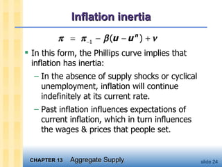 Inflation inertia In this form, the Phillips curve implies that inflation has inertia:  In the absence of supply shocks or cyclical unemployment, inflation will continue indefinitely at its current rate. Past inflation influences expectations of current inflation, which in turn influences the wages & prices that people set.  