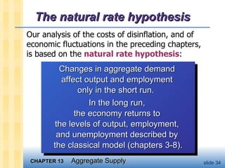 The natural rate hypothesis Our analysis of the costs of disinflation, and of economic fluctuations in the preceding chapters, is based on the  natural rate hypothesis : Changes in aggregate demand  affect output and employment  only in the short run.  In the long run,  the economy returns to  the levels of output, employment,  and unemployment described by  the classical model (chapters 3-8). 