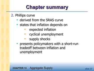 Chapter summary 2. Phillips curve derived from the SRAS curve states that inflation depends on  expected inflation cyclical unemployment  supply shocks presents policymakers with a short-run tradeoff between inflation and unemployment 