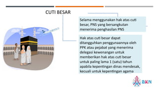 CUTI BESAR
Hak atas cuti besar dapat
ditangguhkan penggunaannya oleh
PPK atau pejabat yang menerima
delegasi kewenangan untuk
memberikan hak atas cuti besar
untuk paling lama 1 (satu) tahun
apabila kepentingan dinas mendesak,
kecuali untuk kepentingan agama
Selama menggunakan hak atas cuti
besar, PNS yang bersangkutan
menerima penghasilan PNS
 