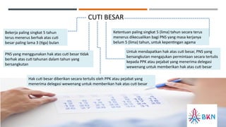 CUTI BESAR
Bekerja paling singkat 5 tahun
terus menerus berhak atas cuti
besar paling lama 3 (tiga) bulan
Ketentuan paling singkat 5 (lima) tahun secara terus
menerus dikecualikan bagi PNS yang masa kerjanya
belum 5 (lima) tahun, untuk kepentingan agama
PNS yang menggunakan hak atas cuti besar tidak
berhak atas cuti tahunan dalam tahun yang
bersangkutan
Untuk mendapatkan hak atas cuti besar, PNS yang
bersangkutan mengajukan permintaan secara tertulis
kepada PPK atau pejabat yang menerima delegasi
wewenang untuk memberikan hak atas cuti besar
Hak cuti besar diberikan secara tertulis oleh PPK atau pejabat yang
menerima delegasi wewenang untuk memberikan hak atas cuti besar
 
