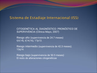 CITOGENÉTICA AL DIAGNÓSTICO: PRONÓSTICO DE
SUPERVIVENCIA (Clínica Mayo, 2007)
Riesgo alto (supervivencia de 24.7 meses)
t(4;14), t(14;16), 17p13.
Riesgo intermedio (supervivencia de 42.3 meses).
13q14.
Riesgo bajo (supervivencia de 50.5 meses)
El resto de alteraciones citogenéticas
 