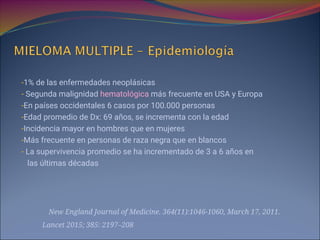 -1% de las enfermedades neoplásicas
- Segunda malignidad hematológica más frecuente en USA y Europa
-En países occidentales 6 casos por 100.000 personas
-Edad promedio de Dx: 69 años, se incrementa con la edad
-Incidencia mayor en hombres que en mujeres
-Más frecuente en personas de raza negra que en blancos
- La supervivencia promedio se ha incrementado de 3 a 6 años en
las últimas décadas
New England Journal of Medicine. 364(11):1046-1060, March 17, 2011.
Lancet 2015; 385: 2197–208
 
