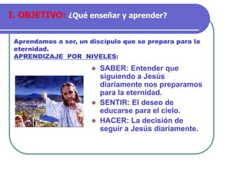 ⚫ SABER: Entender que
siguiendo a Jesús
diariamente nos preparamos
para la eternidad.
⚫ SENTIR: El deseo de
educarse para el cielo.
⚫ HACER: La decisión de
seguir a Jesús diariamente.
Aprendamos a ser, un discípulo que se prepara para la
eternidad.
APRENDIZAJE POR NIVELES:
I. OBJETIVO: ¿Qué enseñar y aprender?
 