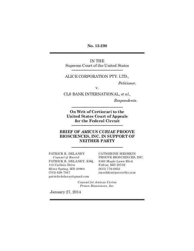 SCOTUS Amicus Brief filed in Alice Corp. v CLS Bank case.