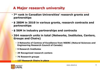 A Major research university 7 th  rank in Canadian Universities’ research grants and partnerships $ 280M in 2010 in various grants, research contracts and partnerships  $ 56M in industry partnerships and contracts 264 research units in total (Networks, Institutes, Centers, Groups and Chairs) 3 Networks of Centres of Excellence from NSERC (Natural Sciences and Engineering Research Council of Canada) 9 Research Institutes 39 Recognized research centers 76 Research groups 127 Research Chairs in place 