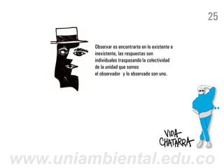 25

         Observar es encontrarte en lo existente e
         inexistente, las respuestas son
         individuales traspasando la colectividad
         de la unidad que somos
         el observador y lo observado son uno.




www.uniambiental.edu.co
 
