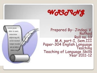WRITING Prepared By- JindagiV. Rathod Roll no. 13 M.A. part-I, Sem.III Paper-304 English Language Teaching Teaching of Language Skills Year 2011-12 
