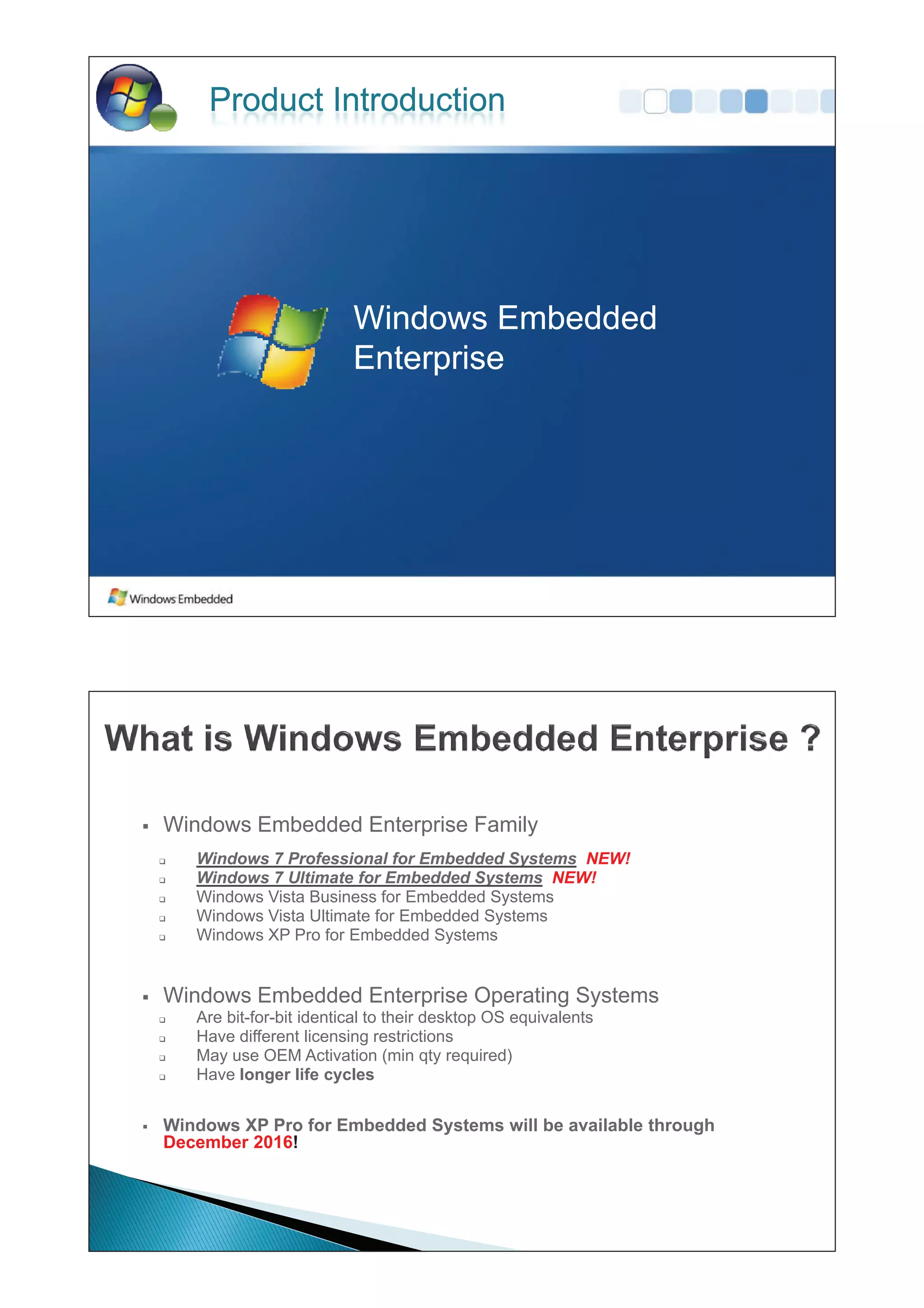 Product Introduction




ƒ   Windows Embedded Enterprise Family
    ‰   Windows 7 Professional for Embedded Systems NEW!
    ‰   Windows 7 Ultimate for Embedded Systems NEW!
    ‰   Windows Vista Business for Embedded Systems
    ‰   Windows Vista Ultimate for Embedded Systems
    ‰   Windows XP Pro for Embedded Systems


ƒ   Windows Embedded Enterprise Operating Systems
    ‰   Are bit-for-bit identical to their desktop OS equivalents
    ‰   Have different licensing restrictions
    ‰   May use OEM Activation (min qty required)
    ‰   Have longer life cycles


ƒ   Windows XP Pro for Embedded Systems will be available through
    December 2016!
 