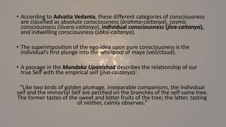 • According to Advaita Vedanta, these different categories of consciousness
are classified as absolute consciousness (brahma-caitanya), cosmic
consciousness (īśvara-caitanya), individual consciousness (jīva-caitanya),
and indwelling consciousness (sāksi-caitanya).
• The superimposition of the ego-idea upon pure consciousness is the
individual’s first plunge into the whirlpool of maya (veil/cloud).
• A passage in the Mundaka Upanishad describes the relationship of our
true Self with the empirical self (jīva-caitanya):
“Like two birds of golden plumage, inseparable companions, the individual
self and the immortal Self are perched on the branches of the self-same tree.
The former tastes of the sweet and bitter fruits of the tree; the latter, tasting
of neither, calmly observes.”
 