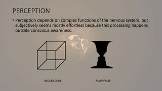 PERCEPTION
• Perception depends on complex functions of the nervous system, but
subjectively seems mostly effortless because this processing happens
outside conscious awareness.
NECKER CUBE RUBIN VASE
 