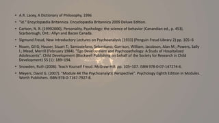 • A.R. Lacey, A Dictionary of Philosophy, 1996
• "id." Encyclopædia Britannica. Encyclopædia Britannica 2009 Deluxe Edition.
• Carlson, N. R. (19992000). Personality. Psychology: the science of behavior (Canandian ed., p. 453).
Scarborough, Ont.: Allyn and Bacon Canada.
• Sigmund Freud, New Introductory Lectures on Psychoanalysis [1933] (Penguin Freud Library 2) pp. 105–6
• Noam, Gil G; Hauser, Stuart T.; Santostefano, Sebastiano; Garrison, William; Jacobson, Alan M.; Powers, Sally
I.; Mead, Merrill (February 1984). "Ego Development and Psychopathology: A Study of Hospitalized
Adolescents". Child Development (Blackwell Publishing on behalf of the Society for Research in Child
Development) 55 (1): 189–194.
• Snowden, Ruth (2006). Teach Yourself Freud. McGraw-Hill. pp. 105–107. ISBN 978-0-07-147274-6.
• Meyers, David G. (2007). "Module 44 The Psychoanalytic Perspective". Psychology Eighth Edition in Modules.
Worth Publishers. ISBN 978-0-7167-7927-8.
 