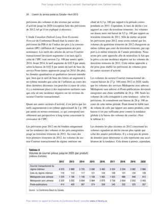 Pour l’usage exclusif de Tracey Lauriault, tlauriau@gmail.com, Carleton University.

24  |  L’avenir du service postal au Canada—Avril 2013

prévisions des volumes et des revenus par secteur
d’activité jusqu’en 2020 (exception faite des prévisions
de 2012, tel qu’il est expliqué ci-dessous).
L’étude Canadian Outlook Long-Term Economic
Forecast du Conference Board était la source des
prévisions du PIB et de l’indice des prix à la consommation (IPC) (déflation de l’augmentation des prix
nominaux). Les tarifs des articles du service Courrier
transactionnel devraient augmenter à un taux égal à
celui de l’IPC (soit environ 2 p. 100 par année) après
2014. Avant 2014, le tarif augmente de 0,02 $ par année,
selon la hausse de 0,02 $ par année du tarif de base du
service Poste-lettres approuvée jusqu’en 2014. De plus,
les données quantitatives et qualitatives laissent entendre
que, bien que le tarif de base des lettres ait augmenté à
un rythme moindre que celui de l’inflation au cours des
deux dernières décennies (ou peut-être à cause de cela),
il y a maintenant place à des majorations tarifaires sans
que cela ait une incidence négative sur les revenus du
secteur Courrier transactionnel.

chuté de 6,3 p. 100 par rapport à la période correspondante en 2011. Cependant, le taux de déclin s’est
aggravé au cours du troisième trimestre : les volumes
sur douze mois ont baissé de 9,5 p. 100 par rapport au
troisième trimestre de 2011. Afin de mettre au point
les prévisions pour 2012, nous avons estimé que les
volumes du quatrième trimestre de 2012 changeront au
même rythme que ceux du troisième trimestre, par rapport à ce même trimestre de l’année précédente. Nous
avons pris cette approche afin de neutraliser le fait que
la grève a eu une incidence négative sur les volumes du
deuxième trimestre de 2011. Cette même approche a
été prise pour établir les prévisions de volumes pour
les autres secteurs d’activité.

Quant aux autres secteurs d’activité, il est prévu que les
tarifs augmenteront à un rythme approximatif de 2 p. 100
par année en termes nominaux, ce qui correspond sen­
siblement aux perspectives à long terme concernant la
croissance de l’IPC.

Les volumes du secteur Courrier transactionnel de­
vraient baisser de 27 p. 100 entre 2012 et 2020, tandis
que les volumes des services Médiaposte avec adresse,
Médiaposte sans adresse et Poste-publications devraient
enregistrer une chute semblable de 26 p. 100. Seuls les
volumes de colis échappent à cette tendance : selon les
prévisions, ils connaîtront une hausse de 26 p. 100 au
cours de cette même période. Étant donné le faible taux
de volume de colis par rapport aux autres produits, cette
hausse n’est pas suffisante pour contrer la tendance
globale à la baisse des volumes de courrier. (Voir
le tableau 4.)

Les prévisions pour 2012 ont été fondées uniquement
sur les tendances des volumes et des prix enregistrées
jusqu’au troisième trimestre de 2012. Au cours des
trois premiers trimestres de 2012, les volumes du secteur Courrier transactionnel du régime intérieur ont

Les données les plus récentes en 2012 concernant les
volumes signalent un déclin encore plus rapide que
celui des années précédentes. Il y a trop peu de points
de données pour déterminer si cela représente une accélération de la tendance. Cela donne à penser, cependant,

Tableau 4
Volumes de courrier prévus jusqu’en 2020 (par produit)

(millions d’articles)	

2012
Courrier transactionnel du
régime intérieur

2013

2014

2015

2016

2017

2018

2019

2020

4 070

3 888

3 725

3 596

3 460

3 324

3 204

3 082

2 966

Colis du régime intérieur

110

113

117

121

124

128

131

134

139

Médiaposte avec adresse

1 229

1 186

1 148

1 108

1 065

1 023

986

948

912

Médiaposte sans adresse

3 320

3 202

3 094

2 984

2 870

2 756

2 654

2 552

2 455

414

400

387

374

359

345

332

320

307

Poste-publications

Source : Le Conference Board du Canada.

Pour obtenir ce rapport et d’autres du Conference Board, consultez www.e-library.ca.

 