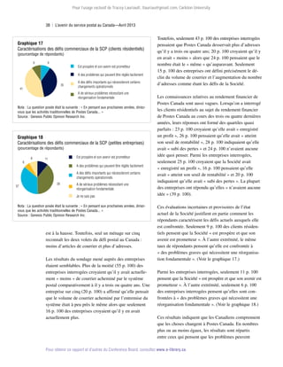 Pour l’usage exclusif de Tracey Lauriault, tlauriau@gmail.com, Carleton University.

38  |  L’avenir du service postal au Canada—Avril 2013

Graphique 17
Caractérisations des défis commerciaux de la SCP (clients résidentiels)
(pourcentage de répondants)
9

9

Est prospère et son avenir est prometteur
A des problèmes qui peuvent être réglés facilement
35

41

A des déﬁs importants qui nécessiteront certains
changements opérationnels
A de sérieux problèmes nécessitant une
réorganisation fondamentale

Nota : La question posée était la suivante : « En pensant aux prochaines années, diriezvous que les activités traditionnelles de Postes Canada... »
Source : Genesis Public Opinion Research Inc.

Graphique 18
Caractérisations des défis commerciaux de la SCP (petites entreprises)

(pourcentage de répondants)
6

8

Est prospère et son avenir est prometteur

11

A des problèmes qui peuvent être réglés facilement
A des déﬁs importants qui nécessiteront certains
changements opérationnels

37

39

A de sérieux problèmes nécessitant une
réorganisation fondamentale
Je ne sais pas

Nota : La question posée était la suivante : « En pensant aux prochaines années, diriezvous que les activités traditionnelles de Postes Canada... »
Source : Genesis Public Opinion Research Inc.

est à la hausse. Toutefois, seul un ménage sur cinq
reconnaît les deux volets du défi postal au Canada :
moins d’articles de courrier et plus d’adresses.
Les résultats du sondage mené auprès des entreprises
étaient semblables. Plus de la moitié (55 p. 100) des
entreprises interrogées croyaient qu’il y avait actuellement « moins » de courrier acheminé par le système
postal comparativement à il y a trois ou quatre ans. Une
entreprise sur cinq (20 p. 100) a affirmé qu’elle pensait
que le volume de courrier acheminé par l’entremise du
système était à peu près le même alors que seulement
16 p. 100 des entreprises croyaient qu’il y en avait
actuellement plus.

Toutefois, seulement 43 p. 100 des entreprises interrogées
pensaient que Postes Canada desservait plus d’adresses
qu’il y a trois ou quatre ans; 20 p. 100 croyaient qu’il y
en avait « moins » alors que 24 p. 100 pensaient que le
nombre était le « même » qu’auparavant. Seulement
15 p. 100 des entreprises ont défini précisément le dé­
clin du volume de courrier et l’augmentation du nombre
d’adresses comme étant les défis de la Société.
Les connaissances relatives au rendement financier de
Postes Canada sont aussi vagues. Lorsqu’on a interrogé
les clients résidentiels au sujet du rendement financier
de Postes Canada au cours des trois ou quatre dernières
années, leurs réponses ont formé des quartiles quasi
parfaits : 23 p. 100 croyaient qu’elle avait « enregistré
un profit », 26 p. 100 pensaient qu’elle avait « atteint
son seuil de rentabilité », 28 p. 100 indiquaient qu’elle
avait « subi des pertes » et 24 p. 100 n’avaient aucune
idée quoi penser. Parmi les entreprises interrogées,
seulement 25 p. 100 croyaient que la Société avait
« enregistré un profit », 16 p. 100 pensaient qu’elle
avait « atteint son seuil de rentabilité » et 20 p. 100
indiquaient qu’elle avait « subi des pertes ». La plupart
des entreprises ont répondu qu’elles « n’avaient aucune
idée » (39 p. 100).
Ces évaluations incertaines et provisoires de l’état
actuel de la Société justifient en partie comment les
répondants caractérisent les défis actuels auxquels elle
est confrontée. Seulement 9 p. 100 des clients résidentiels pensent que la Société « est prospère et que son
avenir est prometteur ». À l’autre extrémité, le même
taux de répondants pensent qu’elle est confrontée à
« des problèmes graves qui nécessitent une réorganisation fondamentale ». (Voir le graphique 17.)
Parmi les entreprises interrogées, seulement 11 p. 100
pensent que la Société « est prospère et que son avenir est
prometteur ». À l’autre extrémité, seulement 6 p. 100
des entreprises interrogées pensent qu’elles sont confrontées à « des problèmes graves qui nécessitent une
réorganisation fondamentale ». (Voir le graphique 18.)
Ces résultats indiquent que les Canadiens comprennent
que les choses changent à Postes Canada. En nombres
plus ou au moins égaux, les résultats sont répartis
entre ceux qui pensent que les problèmes peuvent

Pour obtenir ce rapport et d’autres du Conference Board, consultez www.e-library.ca.

 
