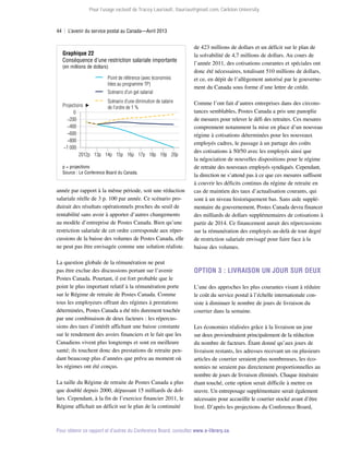 Pour l’usage exclusif de Tracey Lauriault, tlauriau@gmail.com, Carleton University.

44  |  L’avenir du service postal au Canada—Avril 2013

Graphique 22
Conséquence d’une restriction salariale importante

(en millions de dollars)

Point de référence (avec économies
liées au programme TP)
Scénario d'un gel salarial
Scénario d’une diminution de salaire
Projections
de l’ordre de 1 %
0
−200
−400
−600
−800
−1 000
2012p 13p 14p 15p 16p 17p 18p 19p 20p
p = projections
Source : Le Conference Board du Canada.

année par rapport à la même période, soit une réduction
salariale réelle de 3 p. 100 par année. Ce scénario produirait des résultats opérationnels proches du seuil de
rentabilité sans avoir à apporter d’autres changements
au modèle d’entreprise de Postes Canada. Bien qu’une
restriction salariale de cet ordre corresponde aux répercussions de la baisse des volumes de Postes Canada, elle
ne peut pas être envisagée comme une solution réaliste.
La question globale de la rémunération ne peut
pas être exclue des discussions portant sur l’avenir
Postes Canada. Pourtant, il est fort probable que le
point le plus important relatif à la rémunération porte
sur le Régime de retraite de Postes Canada. Comme
tous les employeurs offrant des régimes à prestations
déterminées, Postes Canada a été très durement touchée
par une combinaison de deux facteurs : les répercussions des taux d’intérêt affichant une baisse constante
sur le rendement des avoirs financiers et le fait que les
Canadiens vivent plus longtemps et sont en meilleure
santé; ils touchent donc des prestations de retraite pendant beaucoup plus d’années que prévu au moment où
les régimes ont été conçus.
La taille du Régime de retraite de Postes Canada a plus
que doublé depuis 2000, dépassant 15 milliards de dollars. Cependant, à la fin de l’exercice financier 2011, le
Régime affichait un déficit sur le plan de la continuité

de 423 millions de dollars et un déficit sur le plan de
la solvabilité de 4,7 millions de dollars. Au cours de
l’année 2011, des cotisations courantes et spéciales ont
donc été nécessaires, totalisant 510 millions de dollars,
et ce, en dépit de l’allègement autorisé par le gouvernement du Canada sous forme d’une lettre de crédit.
Comme l’ont fait d’autres entreprises dans des circons­
tances semblables, Postes Canada a pris une panoplie
de mesures pour relever le défi des retraites. Ces mesures
comprennent notamment la mise en place d’un nouveau
régime à cotisations déterminées pour les nouveaux
employés cadres, le passage à un partage des coûts
des cotisations à 50/50 avec les employés ainsi que
la négociation de nouvelles dispositions pour le régime
de retraite des nouveaux employés syndiqués. Cependant,
la direction ne s’attend pas à ce que ces mesures suffisent
à couvrir les déficits continus du régime de retraite en
cas de maintien des taux d’actualisation courants, qui
sont à un niveau historiquement bas. Sans aide supplémentaire du gouvernement, Postes Canada devra financer
des milliards de dollars supplémentaires de cotisations à
partir de 2014. Ce financement aurait des répercussions
sur la rémunération des employés au-delà de tout degré
de restriction salariale envisagé pour faire face à la
baisse des volumes.

Option 3 : Livraison un jour sur deux
L’une des approches les plus courantes visant à réduire
le coût du service postal à l’échelle internationale consiste à diminuer le nombre de jours de livraison du
courrier dans la semaine.
Les économies réalisées grâce à la livraison un jour
sur deux proviendraient principalement de la réduction
du nombre de facteurs. Étant donné qu’aux jours de
livraison restants, les adresses recevant un ou plusieurs
articles de courrier seraient plus nombreuses, les éco­
nomies ne seraient pas directement proportionnelles au
nombre de jours de livraison éliminés. Chaque itinéraire
étant touché, cette option serait difficile à mettre en
œuvre. Un entreposage supplémentaire serait également
nécessaire pour accueillir le courrier stocké avant d’être
livré. D’après les projections du Conference Board,

Pour obtenir ce rapport et d’autres du Conference Board, consultez www.e-library.ca.

 