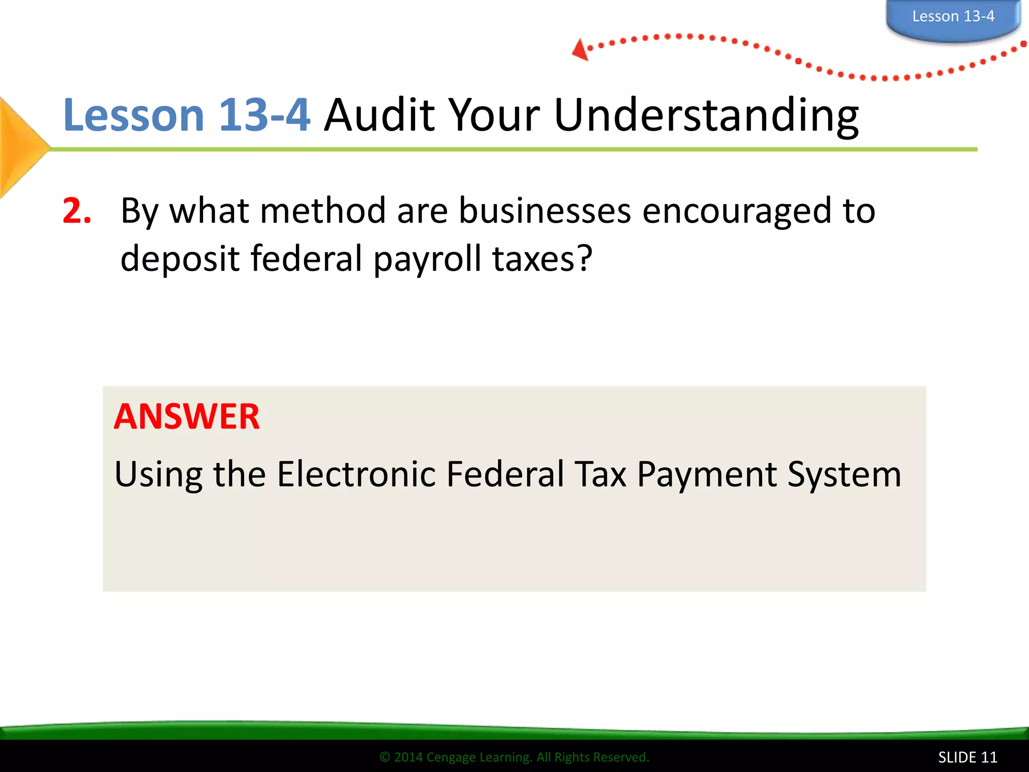 © 2014 Cengage Learning. All Rights Reserved.
Lesson 13-4 Audit Your Understanding
2. By what method are businesses encouraged to
deposit federal payroll taxes?
SLIDE 11
ANSWER
Using the Electronic Federal Tax Payment System
Lesson 13-4
 