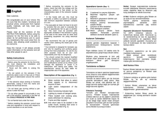 English
Dear customer,
We congratulate you on your choice. We
are sure that this modern, functional and
practical article, constructed from highest
quality materials, will fully meet your
requirements.
Please read all the sections of this
INSTRUCTION MANUAL before using the
extractor for the first time to be able to
obtain its full performance and to avoid
any breakdowns that could arise from its
misuse, also allowing small problems to
be overcome.
Keep this manual. It will always provide
useful information on the extractor and will
help other people to use it.
Safety Instructions
---------------------------------------------------
* Before using the extractor for the first time,
you must observe the installation and
connection instructions.
* Never pull the cable to unplug the
extractor.
* Do not switch on the extractor if the
electricity cable is worn or has cuts or if there
are signs of deterioration around the control
panel.
* If the extractor stops working or functions
abnormally, unplug it from the mains and
advise the technical service.
* Do not leave gas burning without a pan
above it under the hood.
* Do not allow grease to accumulate in any
part of the extractor, especially in the filter as
this COULD PRODUCE A FIRE RISK
* Do not flambé food under the hood.
* Before installing the extractor consult local
rules and regulations in force with respect to
current standards on air and fumes.
* Before connecting the extractor to the
mains, check that both the voltage and the
frequency conform to that shown on the
characteristics label of the extractor located
inside it.
* In the hoods with pin, this must be
accesible, or settle a cut switch to omnipolar,
with minimum separation between contacts
of 3 mm
* The evacuated air does not have to be sent
by conduits that are used to evacuate the
fume of apparatuses fed by gas or another
fuel. The room must be provided with
appropiate ventilation if the extractor is going
to be used at the same time as other food
processing equipment not using electrical
power.
* We recommend the use of gloves and
caution when cleaning the inside part of the
extractor.
* Your extractor is designed for domestic use
and only for expelling and purifying gases
arising from food preparation. Its use for any
other purpose must be at your own
responsibility and may be dangerous.
* You should contact the nearest Qualified
Technical Assistance Service for any repairs
always using original spare parts. Repairs
and modifications carried out by others could
damage the apparatus or cause it to
malfunction, and risking your safety. The
manufacturer cannot be held liable for
inappropriate use of the apparatus.
Description of the apparatus (Fig. 1)
---------------------------------------------------
A Motor controls that allow to select
three speeds or to disconnect
anyone of them.
B Light switch independent of the
motors.
C Motor functioning indicator light.
D Lighting by means of halogen lamps.
E Filters located over cooking area,
easily withdrawn for cleaning.
F Frame and filter support.
G-H Anti return tabs to be located in the
outlet mouth, locating their ends in
the holes provided (Fig. 2).
Aparatlarýn tanýmý (Bas. 1)
---------------------------------------------------
A 3 kademeli hýz seçme düðmeleri.
B Motordan baðýmsýz çalýºan ýºýk
düðmesi.
C Motorlarýn çalýºmasýný belirten ýºýk.
D Halojen aydýnlatma.
E Kolayca çýkarýlýp temizlenebilen
metalik filtreler.
F Çerçeve ve filtre destekleri.
G Filtre desteðinin anahtarý.
G-H Motor çýkýºýna takýlan hava
kapaklarý. Kenardaki çýkýntýlarý
deliklere oturtarak takýlabilir (ªekil 2).
Kullaným Talimatlarý
---------------------------------------------------
ªekilde görülen düðmelere basarak 1
aspiratörünüzün fonksiyonlarýný kontrol
edebilirsiniz.
Piºim bittikten sonra 3-5 dakika süre ile
aspiratörünüzü çalýºtýrmaya devam ediniz.
Böylece çýkýº bacasýnda ki tüm yað
tortularý dýºarý atýlacak ve yað, duman ve
kokularýn tekrar geri dönüºünü
engelleyecektir.
Temizleme ve Bakým
---------------------------------------------------
Temizleme ve bakým iºlemine baºlamadan
önce cihazýnýn ana elektrik baðlantýsýndan
ayrýldýðýna emin olunuz.
Temizlik ve bakým iºlemi için de bulunan
güvenlik talimatlarýný takip ediniz. Ateº
tehlike var olmak –dibi takdirde adl. ªu
belgili tanýmlýk tasfiye deðil yer bulmak gör
belgili tanýmlýk öðretim.
Filtrelerin Temizliði
Temizlik için filtreleri kancalarýndan
ayýrýnýz. Filtreleri bulaºýk makinesinde
(notlara bakýnýz) ya da yaðlarýn çözülmesi
için sýcak su içinde bekletmek koºulu ile
ya da isteðe baðlý olarak metal olmayan
parçalarýn korunmasý ºartý ile özel spreyler
ile temizlenebilir. Temizlik iºleminden
sonra filtreleri kurumaya býrakýn.
Notlar: Bulaºýk makinelerinde kullanýlan
kuvvetli deterjanlar filtrenizin kararmasýna
neden olabilirler fakat bu filtrenizin yað
tutuº özelliðine bir etkide bulunmaz
A Not: Kullaným sýklýðýna göre filtreler en
az ayda bir kez temizlenmelidirler.
Yemek piºirme esnasýnda hatta
piºirmediðiniz zamanlar dahil
aspiratörünüz üzerinde yað birikimi
olabilir.
Aspiratör Gövdesinin Temizlemesi
Ilýk (40ºC ortalama) sabunlu su
kullanýlmasý tavsiye edilir. Hazýrlanan su
ile nemlendirilmiº bir bez ile aspiratörün
keskin kenarlarýna ve ýzgaralara dikkat
edilerek temizlik yapýlabilir. Durulama için
kuru lif býrakmayan bir bez kullanmanýzý
tavsiye ederiz.
Not:
* Aºýndýrýcý, paslandýrýcý ya da çizici
maddeler kullanmayýnýz.
* Metal yüzeye zarar verebilecek
aºýndýrýcý temizlik maddeleri
kullanmayýnýz. Sert cisimlerle (býçak,
makas gibi) temizlemeyiniz.
Aktif Karbon Filtre
*Karbon filtreleri takmak için diºleri motorun
iki yanýna yerleºtiriniz ve filtreleri saat
yönünde çeviriniz.
* Kullaným sýklýðýna ve ºekline göre karbon
filtreler üç ila altý ay arasýnda
deðiºtirilmelidirler.
* Karbon filtreler yýkanamaz ve tekrar
kullanýlamaz. Ömürleri dolduðunda
deðiºtirilmeleri gerekmektedirler.
* Kullanýlmýº karbon filtreyi yenisi ile
deðiºtirmek için, montaj adýmlarýný tersten
takip edin.
 
