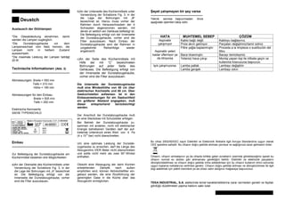Deustch
Austausch der Glühlampen
*Die Glasabdeckung abnehmen, damit
werden die Lampen zugänglich.
*Die Dunstabzugshaube vor dem
Lampenwechsel vom Netz trennen, die
Lampen nicht in heißem Zustand
auswechseln.
*Die maximale Leistung der Lampen beträgt
20 W.
Technische Informationen (Abb. 3)
---------------------------------------------------
Abmessungen: Breite = 550 mm
Tiefe = 310 mm
Höhe = 190 mm
Abmessungen für den Einbau:
Breite = 505 mm
Tiefe = 292 mm
Elektrische Kennwerte:
SIEHE TYPENSCHILD
Einbau
---------------------------------------------------
Zur Befestigung der Dunstabzugshaube am
Küchenmöbel bestehen drei Möglichkeiten:
a)An der Oberseite des Küchenmöbels unter
Verwendung der Schablone Fig. 3, in der
die Lage der Bohrungen mit „A“ bezeichnet
ist. Die Befestigung erfolgt von der
Innenseite der Dunstabzugshaube, vorher
sind die Filter auszubauen.
b)An der Unterseite des Küchenmöbels unter
Verwendung der Schablone Fig. 3, in der
die Lage der Bohrungen mit „B“
bezeichnet ist. Hierzu muss vorher der
Rahmen durch Herausschrauben der 4
Schrauben abgenommen werden, mit
denen er seitlich am Gehäuse befestigt ist.
Die Befestigung erfolgt von der Innenseite
der Dunstabzugshaube, vorher sind die
Filter auszubauen. Nach Einbau der
Dunstabzugshaube wird der Rahmen in
umgekehrter Reihenfolge wieder
angebracht.
c)An der Seite des Küchenmöbels mit
Hilfe der mit “C” bezeichneten
Bohrungen auf jeder Seite des
Gehäuses. Die Befestigung erfolgt von
der Innenseite der Dunstabzugshaube,
vorher sind die Filter auszubauen.
Die Unterseite der Dunstabzugshaube
muß eine Mindesthöhe von 60 cm über
elektrischen Kochstelle und 65 cm. Über
Gaskochstellen aufweisen. Ist in den
Einbauanweisungen für ein Gaskochfeld
ein größerer Abstand angegeben, muß
dieser entsprechend berücksichtigt
werden.
Der Anschluß der Dunstabzugshaube muß
an eine Steckdose mit Schutzleiter erfolgen.
Bei Betrieb der Dunstabzugshaube zu-
sammen mit anderen, nicht mit elektrischer
Energie betriebenen Geräten darf der auf-
tretende Unterdruck einen Wert von 4 Pa
(4 x 10-5
bar) nicht überschreiten.
Um eine optimale Leistung der Dunstab-
zugshaube zu erreichen, darf die Länge des
Abzugsrohrs VIER Meter nicht überschreiten
und sollte nicht mehr als zwei 90°-Winkel
enthalten.
Obwohl eine Absaugung der beim Kochen
entstehenden Dämpfe nach außen
empfohlen wird, können Aktivkohlefilter ein-
gebaut werden, die eine Rückführung der
gereinigten Gase in die Küche über das
Abzugsrohr ermöglichen.
ªayet çalýºmayan bir ºey varsa
----------------------------------------------
Teknik servise baºvurmadan önce
aºaðýdaki iºlemleri takip edin.
HATA MUHTEMEL SEBEP ÇÖZÜM
Kablo baðlý deðil Kabloyu baðlayýnýz.Aspiratör
çalýºmýyor Prize akým gelmiyor. Parçalarý deðiºtiriniz/tamir ediniz
Filtre yaðla kaplanmýºtýr. Proceda a la limpieza o sustitución del
filtro
Baca týkanmýºtýr. Bacayý temizleyiniz.
Aspiratör yeteri
kadar üflemiyor ya
da titriyorsa Yetersiz hava çýkýºý Montaj yapan kiºi ile irtibata geçin ve
kullanma kýlavuzuna baºvurun.
Lamba patlak Lambayý deðiºtirinIºýk çalýºmýyorsa.
Lamba gevºek Lambayý sýkýn
Bu cihaz 2002/92/EEC sayýlý Elektrikli ve Elektronik Atýklarla ilgili Avrupa Standardýna uygun olarak
CEE iºaretine sahiptir. Bu cihazýn doðru ºekilde atýlmasý çevreye ve saðlýðýnýza zarar gelmesini önler.
Cihazýn, cihazýn ambalajýnýn ya da cihazla birlikte gelen evraklarýn üzerinde görebileceðiniz iºareti bu
cihazýn normal ev atýklarý gibi atýlmamasý gerektiðini belirtir. Elektrikli ve elektronik parçalarýn
dönüºtürülebilmesi ve cihazýn doðru ºekilde imha edilebilmesi için bu cihazýn kullaným ömrü sonunda
uygun toplama noktalarýna verilmesi gerekir. Cihazýn doðru ºekilde atýlmasý ve dönüºtürülmesi ile ilgili
bilgi alabilmek için yetkili mercilere ya da cihazý satýn aldýðýnýz maðazaya baºvurunuz.
TEKA INDUSTRIAL, S.A. aletlerinde temel karakteristiklerine zarar vermeden gerekli ve faydalý
gördüðü düzeltmeleri yapma hakkýný saklý tutar.
 