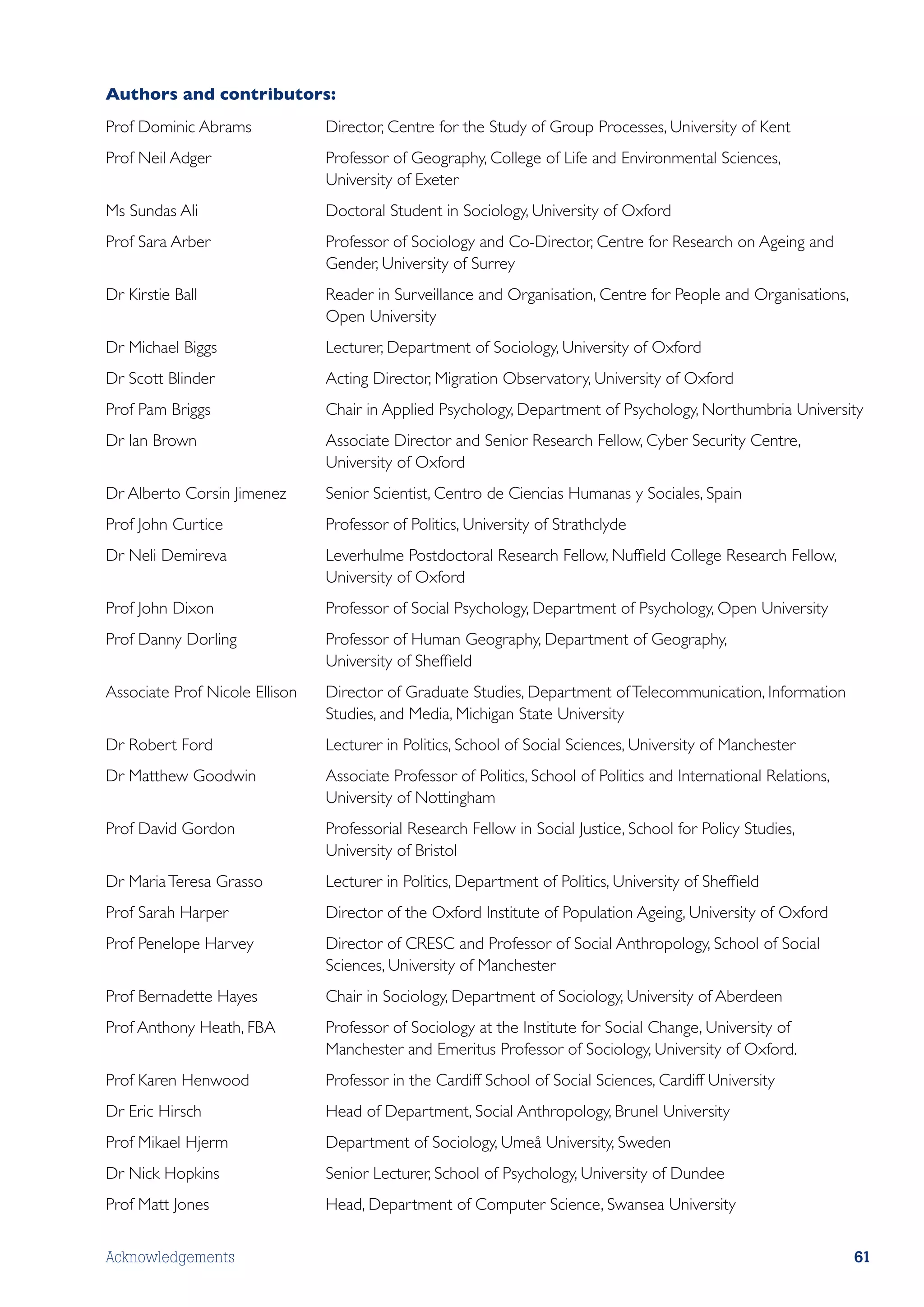 Authors and contributors:
Prof Dominic Abrams	             Director, Centre for the Study of Group Processes, University of Kent
Prof Neil Adger	                 Professor of Geography, College of Life and Environmental Sciences,
                                 University of Exeter
Ms Sundas Ali	                   Doctoral Student in Sociology, University of Oxford
Prof Sara Arber	                 Professor of Sociology and Co-Director, Centre for Research on Ageing and
                                 Gender, University of Surrey
Dr Kirstie Ball	                 Reader in Surveillance and Organisation, Centre for People and Organisations,
                                 Open University
Dr Michael Biggs	                Lecturer, Department of Sociology, University of Oxford
Dr Scott Blinder	                Acting Director, Migration Observatory, University of Oxford
Prof Pam Briggs	                 Chair in Applied Psychology, Department of Psychology, Northumbria University
Dr Ian Brown	                    Associate Director and Senior Research Fellow, Cyber Security Centre,
                                 University of Oxford
Dr Alberto Corsin Jimenez	       Senior Scientist, Centro de Ciencias Humanas y Sociales, Spain
Prof John Curtice	               Professor of Politics, University of Strathclyde
Dr Neli Demireva	                Leverhulme Postdoctoral Research Fellow, Nuffield College Research Fellow,
                                 University of Oxford
Prof John Dixon	                 Professor of Social Psychology, Department of Psychology, Open University
Prof Danny Dorling	              Professor of Human Geography, Department of Geography,
                                 University of Sheffield
Associate Prof Nicole Ellison	   Director of Graduate Studies, Department of Telecommunication, Information
                                 Studies, and Media, Michigan State University
Dr Robert Ford	                  Lecturer in Politics, School of Social Sciences, University of Manchester
Dr Matthew Goodwin	              Associate Professor of Politics, School of Politics and International Relations,
                                 University of Nottingham
Prof David Gordon	               Professorial Research Fellow in Social Justice, School for Policy Studies,
                                 University of Bristol
Dr Maria Teresa Grasso	          Lecturer in Politics, Department of Politics, University of Sheffield
Prof Sarah Harper	               Director of the Oxford Institute of Population Ageing, University of Oxford
Prof Penelope Harvey	            Director of CRESC and Professor of Social Anthropology, School of Social
                                 Sciences, University of Manchester
Prof Bernadette Hayes	           Chair in Sociology, Department of Sociology, University of Aberdeen
Prof Anthony Heath, FBA	         Professor of Sociology at the Institute for Social Change, University of
                                 Manchester and Emeritus Professor of Sociology, University of Oxford.
Prof Karen Henwood	              Professor in the Cardiff School of Social Sciences, Cardiff University
Dr Eric Hirsch	                  Head of Department, Social Anthropology, Brunel University
Prof Mikael Hjerm	               Department of Sociology, Umeå University, Sweden
Dr Nick Hopkins	                 Senior Lecturer, School of Psychology, University of Dundee
Prof Matt Jones	                 Head, Department of Computer Science, Swansea University


Acknowledgements                                                                                                    61
 