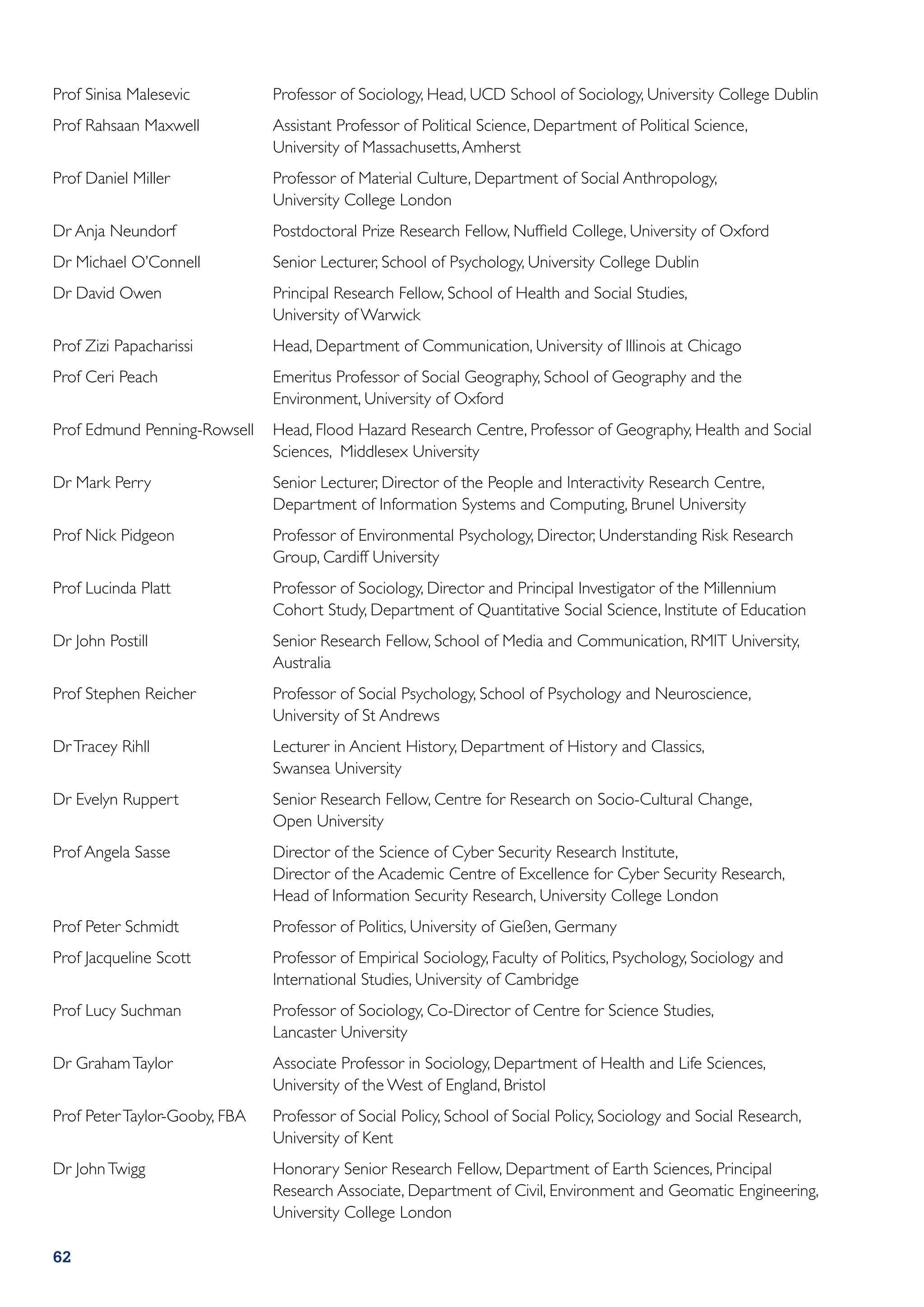 Prof Sinisa Malesevic	          Professor of Sociology, Head, UCD School of Sociology, University College Dublin
Prof Rahsaan Maxwell	           Assistant Professor of Political Science, Department of Political Science,
                                University of Massachusetts, Amherst
Prof Daniel Miller	             Professor of Material Culture, Department of Social Anthropology,
                                University College London
Dr Anja Neundorf	               Postdoctoral Prize Research Fellow, Nuffield College, University of Oxford
Dr Michael O’Connell	           Senior Lecturer, School of Psychology, University College Dublin
Dr David Owen	                  Principal Research Fellow, School of Health and Social Studies,
                                University of Warwick
Prof Zizi Papacharissi	         Head, Department of Communication, University of Illinois at Chicago
Prof Ceri Peach	                Emeritus Professor of Social Geography, School of Geography and the
                                Environment, University of Oxford
Prof Edmund Penning-Rowsell	 Head, Flood Hazard Research Centre, Professor of Geography, Health and Social
                             Sciences, Middlesex University
Dr Mark Perry	                  Senior Lecturer, Director of the People and Interactivity Research Centre,
                                Department of Information Systems and Computing, Brunel University
Prof Nick Pidgeon	              Professor of Environmental Psychology, Director, Understanding Risk Research
                                Group, Cardiff University
Prof Lucinda Platt	             Professor of Sociology, Director and Principal Investigator of the Millennium
                                Cohort Study, Department of Quantitative Social Science, Institute of Education
Dr John Postill	                Senior Research Fellow, School of Media and Communication, RMIT University,
                                Australia
Prof Stephen Reicher	           Professor of Social Psychology, School of Psychology and Neuroscience,
                                University of St Andrews
Dr Tracey Rihll	                Lecturer in Ancient History, Department of History and Classics,
                                Swansea University
Dr Evelyn Ruppert	              Senior Research Fellow, Centre for Research on Socio-Cultural Change,
                                Open University
Prof Angela Sasse	              Director of the Science of Cyber Security Research Institute,
                                Director of the Academic Centre of Excellence for Cyber Security Research,
                                Head of Information Security Research, University College London
Prof Peter Schmidt	             Professor of Politics, University of Gießen, Germany
Prof Jacqueline Scott	          Professor of Empirical Sociology, Faculty of Politics, Psychology, Sociology and
                                International Studies, University of Cambridge
Prof Lucy Suchman	              Professor of Sociology, Co-Director of Centre for Science Studies,
                                Lancaster University
Dr Graham Taylor	               Associate Professor in Sociology, Department of Health and Life Sciences,
                                University of the West of England, Bristol
Prof Peter Taylor-Gooby, FBA	   Professor of Social Policy, School of Social Policy, Sociology and Social Research,
                                University of Kent
Dr John Twigg	                  Honorary Senior Research Fellow, Department of Earth Sciences, Principal
                                Research Associate, Department of Civil, Environment and Geomatic Engineering,
                                University College London

62
 