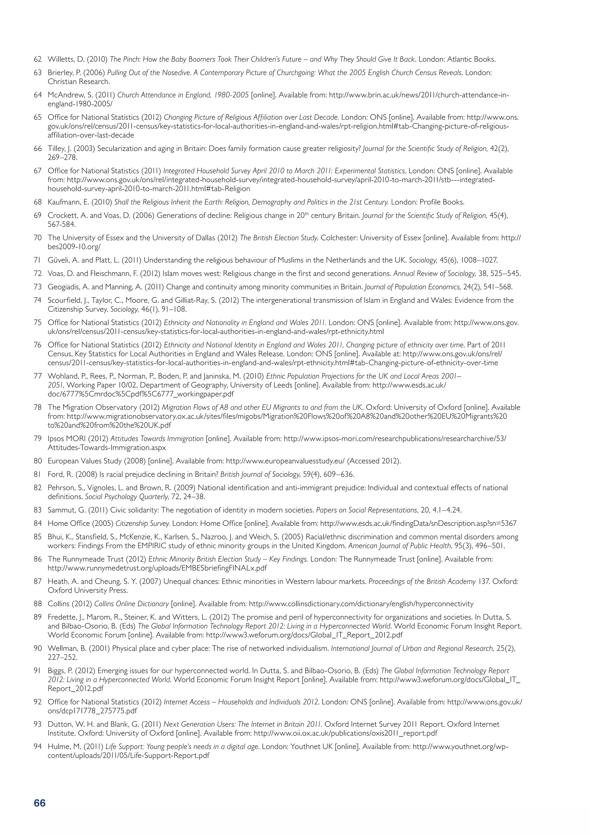 62	 Willetts, D. (2010) The Pinch: How the Baby Boomers Took Their Children’s Future – and Why They Should Give It Back. London: Atlantic Books.
63	 Brierley, P. (2006) Pulling Out of the Nosedive. A Contemporary Picture of Churchgoing: What the 2005 English Church Census Reveals. London:
    Christian Research.
64	 McAndrew, S. (2011) Church Attendance in England, 1980-2005 [online]. Available from: http://www.brin.ac.uk/news/2011/church-attendance-in-
    england-1980-2005/
65	 Office for National Statistics (2012) Changing Picture of Religious Affiliation over Last Decade. London: ONS [online]. Available from: http://www.ons.
    gov.uk/ons/rel/census/2011-census/key-statistics-for-local-authorities-in-england-and-wales/rpt-religion.html#tab-Changing-picture-of-religious-
    affiliation-over-last-decade
66	 Tilley, J. (2003) Secularization and aging in Britain: Does family formation cause greater religiosity? Journal for the Scientific Study of Religion, 42(2),
    269–278.
67	 Office for National Statistics (2011) Integrated Household Survey April 2010 to March 2011: Experimental Statistics. London: ONS [online]. Available
    from: http://www.ons.gov.uk/ons/rel/integrated-household-survey/integrated-household-survey/april-2010-to-march-2011/stb---integrated-
    household-survey-april-2010-to-march-2011.html#tab-Religion
68	 Kaufmann, E. (2010) Shall the Religious Inherit the Earth: Religion, Demography and Politics in the 21st Century. London: Profile Books.
69	 Crockett, A. and Voas, D. (2006) Generations of decline: Religious change in 20 th century Britain. Journal for the Scientific Study of Religion, 45(4),
    567-584.
70	 The University of Essex and the University of Dallas (2012) The British Election Study. Colchester: University of Essex [online]. Available from: http://
    bes2009-10.org/
71	 Güveli, A. and Platt, L. (2011) Understanding the religious behaviour of Muslims in the Netherlands and the UK. Sociology, 45(6), 1008–1027.
72	 Voas, D. and Fleischmann, F. (2012) Islam moves west: Religious change in the first and second generations. Annual Review of Sociology, 38, 525–545.
73	 Geogiadis, A. and Manning, A. (2011) Change and continuity among minority communities in Britain. Journal of Population Economics, 24(2), 541–568.
74	 Scourfield, J., Taylor, C., Moore, G. and Gilliat-Ray, S. (2012) The intergenerational transmission of Islam in England and Wales: Evidence from the
    Citizenship Survey. Sociology, 46(1), 91–108.
75	 Office for National Statistics (2012) Ethnicity and Nationality in England and Wales 2011. London: ONS [online]. Available from: http://www.ons.gov.
    uk/ons/rel/census/2011-census/key-statistics-for-local-authorities-in-england-and-wales/rpt-ethnicity.html
76	 Office for National Statistics (2012) Ethnicity and National Identity in England and Wales 2011, Changing picture of ethnicity over time. Part of 2011
    Census, Key Statistics for Local Authorities in England and Wales Release. London: ONS [online]. Available at: http://www.ons.gov.uk/ons/rel/
    census/2011-census/key-statistics-for-local-authorities-in-england-and-wales/rpt-ethnicity.html#tab-Changing-picture-of-ethnicity-over-time
77	 Wohland, P., Rees, P., Norman, P., Boden, P. and Janinska, M. (2010) Ethnic Population Projections for the UK and Local Areas 2001–
    2051, Working Paper 10/02, Department of Geography, University of Leeds [online]. Available from: http://www.esds.ac.uk/
    doc/6777%5Cmrdoc%5Cpdf%5C6777_workingpaper.pdf
78	 The Migration Observatory (2012) Migration Flows of A8 and other EU Migrants to and from the UK. Oxford: University of Oxford [online]. Available
    from: http://www.migrationobservatory.ox.ac.uk/sites/files/migobs/Migration%20Flows%20of%20A8%20and%20other%20EU%20Migrants%20
    to%20and%20from%20the%20UK.pdf
79	 Ipsos MORI (2012) Attitudes Towards Immigration [online]. Available from: http://www.ipsos-mori.com/researchpublications/researcharchive/53/
    Attitudes-Towards-Immigration.aspx
80	 European Values Study (2008) [online]. Available from: http://www.europeanvaluesstudy.eu/ (Accessed 2012).
81	 Ford, R. (2008) Is racial prejudice declining in Britain? British Journal of Sociology, 59(4), 609–636.
82	 Pehrson, S., Vignoles, L. and Brown, R. (2009) National identification and anti-immigrant prejudice: Individual and contextual effects of national
    definitions. Social Psychology Quarterly, 72, 24–38.
83	 Sammut, G. (2011) Civic solidarity: The negotiation of identity in modern societies. Papers on Social Representations, 20, 4.1–4.24.
84	 Home Office (2005) Citizenship Survey. London: Home Office [online]. Available from: http://www.esds.ac.uk/findingData/snDescription.asp?sn=5367
85	 Bhui, K., Stansfield, S., McKenzie, K., Karlsen, S., Nazroo, J. and Weich, S. (2005) Racial/ethnic discrimination and common mental disorders among
    workers: Findings From the EMPIRIC study of ethnic minority groups in the United Kingdom. American Journal of Public Health, 95(3), 496–501.
86	 The Runnymeade Trust (2012) Ethnic Minority British Election Study – Key Findings. London: The Runnymeade Trust [online]. Available from:
    http://www.runnymedetrust.org/uploads/EMBESbriefingFINALx.pdf
87	 Heath, A. and Cheung, S. Y. (2007) Unequal chances: Ethnic minorities in Western labour markets. Proceedings of the British Academy 137. Oxford:
    Oxford University Press.
88	 Collins (2012) Collins Online Dictionary [online]. Available from: http://www.collinsdictionary.com/dictionary/english/hyperconnectivity
89	 Fredette, J., Marom, R., Steiner, K. and Witters, L. (2012) The promise and peril of hyperconnectivity for organizations and societies. In Dutta, S.
    and Bilbao-Osorio, B. (Eds) The Global Information Technology Report 2012: Living in a Hyperconnected World. World Economic Forum Insight Report.
    World Economic Forum [online]. Available from: http://www3.weforum.org/docs/Global_IT_Report_2012.pdf
90	 Wellman, B. (2001) Physical place and cyber place: The rise of networked individualism. International Journal of Urban and Regional Research, 25(2),
    227–252.
91	 Biggs, P. (2012) Emerging issues for our hyperconnected world. In Dutta, S. and Bilbao-Osorio, B. (Eds) The Global Information Technology Report
    2012: Living in a Hyperconnected World. World Economic Forum Insight Report [online]. Available from: http://www3.weforum.org/docs/Global_IT_
    Report_2012.pdf
92	 Office for National Statistics (2012) Internet Access – Households and Individuals 2012. London: ONS [online]. Available from: http://www.ons.gov.uk/
    ons/dcp171778_275775.pdf
93	 Dutton, W. H. and Blank, G. (2011) Next Generation Users: The Internet in Britain 2011. Oxford Internet Survey 2011 Report. Oxford Internet
    Institute. Oxford: University of Oxford [online]. Available from: http://www.oii.ox.ac.uk/publications/oxis2011_report.pdf
94	 Hulme, M. (2011) Life Support: Young people’s needs in a digital age. London: Youthnet UK [online]. Available from: http://www.youthnet.org/wp-
    content/uploads/2011/05/Life-Support-Report.pdf




66
 