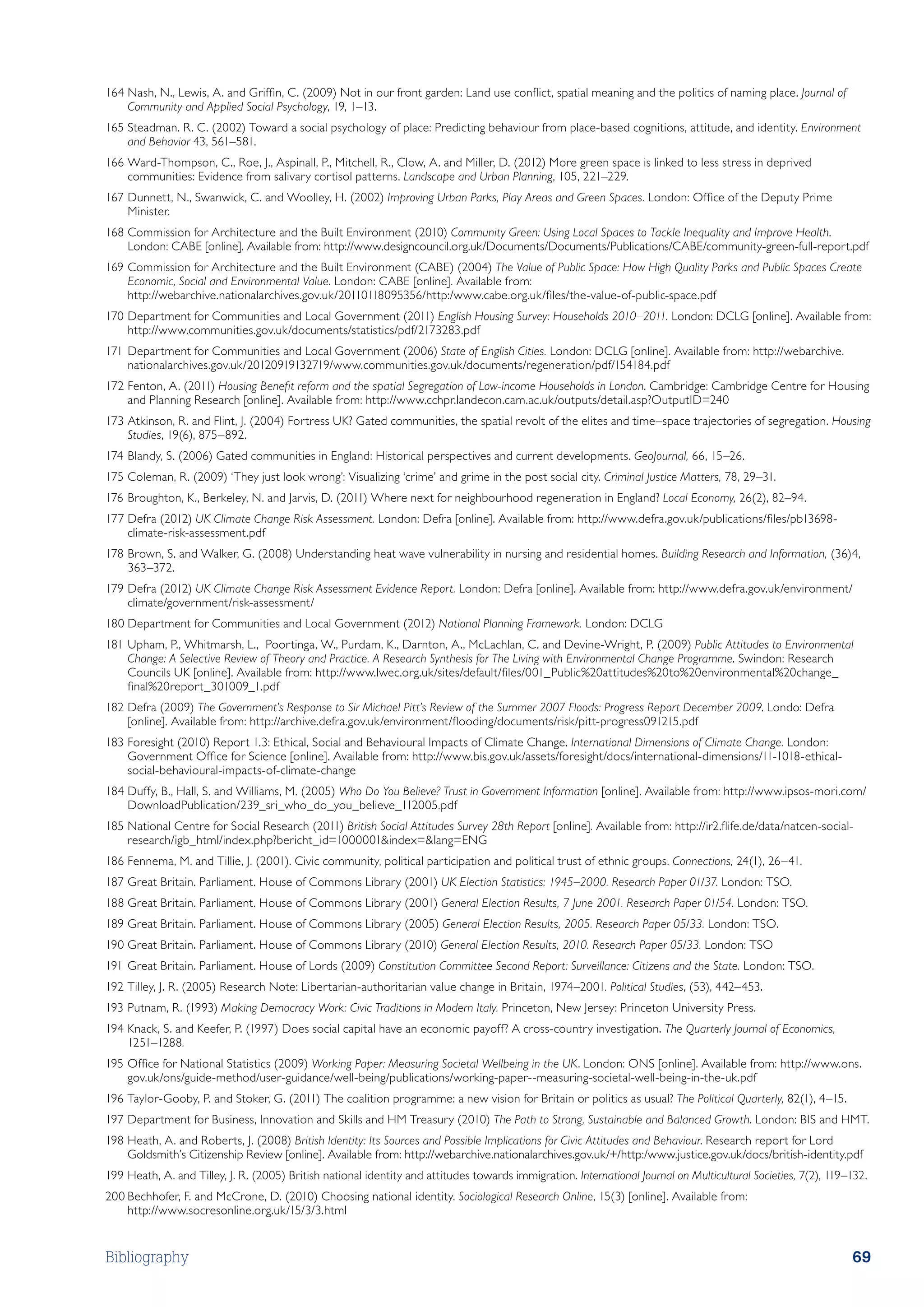 164	Nash, N., Lewis, A. and Griffin, C. (2009) Not in our front garden: Land use conflict, spatial meaning and the politics of naming place. Journal of
    Community and Applied Social Psychology, 19, 1–13.
165	Steadman. R. C. (2002) Toward a social psychology of place: Predicting behaviour from place-based cognitions, attitude, and identity. Environment
    and Behavior 43, 561–581.
166	Ward-Thompson, C., Roe, J., Aspinall, P., Mitchell, R., Clow, A. and Miller, D. (2012) More green space is linked to less stress in deprived
    communities: Evidence from salivary cortisol patterns. Landscape and Urban Planning, 105, 221–229.
167	Dunnett, N., Swanwick, C. and Woolley, H. (2002) Improving Urban Parks, Play Areas and Green Spaces. London: Office of the Deputy Prime
    Minister.
168	Commission for Architecture and the Built Environment (2010) Community Green: Using Local Spaces to Tackle Inequality and Improve Health.
    London: CABE [online]. Available from: http://www.designcouncil.org.uk/Documents/Documents/Publications/CABE/community-green-full-report.pdf
169	Commission for Architecture and the Built Environment (CABE) (2004) The Value of Public Space: How High Quality Parks and Public Spaces Create
    Economic, Social and Environmental Value. London: CABE [online]. Available from:
    http://webarchive.nationalarchives.gov.uk/20110118095356/http:/www.cabe.org.uk/files/the-value-of-public-space.pdf
170	Department for Communities and Local Government (2011) English Housing Survey: Households 2010–2011. London: DCLG [online]. Available from:
    http://www.communities.gov.uk/documents/statistics/pdf/2173283.pdf
171	Department for Communities and Local Government (2006) State of English Cities. London: DCLG [online]. Available from: http://webarchive.
    nationalarchives.gov.uk/20120919132719/www.communities.gov.uk/documents/regeneration/pdf/154184.pdf
172	Fenton, A. (2011) Housing Benefit reform and the spatial Segregation of Low-income Households in London. Cambridge: Cambridge Centre for Housing
    and Planning Research [online]. Available from: http://www.cchpr.landecon.cam.ac.uk/outputs/detail.asp?OutputID=240
173	Atkinson, R. and Flint, J. (2004) Fortress UK? Gated communities, the spatial revolt of the elites and time–space trajectories of segregation. Housing
    Studies, 19(6), 875–892.
174	Blandy, S. (2006) Gated communities in England: Historical perspectives and current developments. GeoJournal, 66, 15–26.
175	Coleman, R. (2009) ‘They just look wrong’: Visualizing ‘crime’ and grime in the post social city. Criminal Justice Matters, 78, 29–31.
176	Broughton, K., Berkeley, N. and Jarvis, D. (2011) Where next for neighbourhood regeneration in England? Local Economy, 26(2), 82–94.
177	Defra (2012) UK Climate Change Risk Assessment. London: Defra [online]. Available from: http://www.defra.gov.uk/publications/files/pb13698-
    climate-risk-assessment.pdf
178	Brown, S. and Walker, G. (2008) Understanding heat wave vulnerability in nursing and residential homes. Building Research and Information, (36)4,
    363–372.
179	Defra (2012) UK Climate Change Risk Assessment Evidence Report. London: Defra [online]. Available from: http://www.defra.gov.uk/environment/
    climate/government/risk-assessment/
180	Department for Communities and Local Government (2012) National Planning Framework. London: DCLG
181	Upham, P., Whitmarsh, L., Poortinga, W., Purdam, K., Darnton, A., McLachlan, C. and Devine-Wright, P. (2009) Public Attitudes to Environmental
    Change: A Selective Review of Theory and Practice. A Research Synthesis for The Living with Environmental Change Programme. Swindon: Research
    Councils UK [online]. Available from: http://www.lwec.org.uk/sites/default/files/001_Public%20attitudes%20to%20environmental%20change_
    final%20report_301009_1.pdf
182	Defra (2009) The Government’s Response to Sir Michael Pitt’s Review of the Summer 2007 Floods: Progress Report December 2009. Londo: Defra
    [online]. Available from: http://archive.defra.gov.uk/environment/flooding/documents/risk/pitt-progress091215.pdf
183	Foresight (2010) Report 1.3: Ethical, Social and Behavioural Impacts of Climate Change. International Dimensions of Climate Change. London:
    Government Office for Science [online]. Available from: http://www.bis.gov.uk/assets/foresight/docs/international-dimensions/11-1018-ethical-
    social-behavioural-impacts-of-climate-change
184	Duffy, B., Hall, S. and Williams, M. (2005) Who Do You Believe? Trust in Government Information [online]. Available from: http://www.ipsos-mori.com/
    DownloadPublication/239_sri_who_do_you_believe_112005.pdf
185	National Centre for Social Research (2011) British Social Attitudes Survey 28th Report [online]. Available from: http://ir2.flife.de/data/natcen-social-
    research/igb_html/index.php?bericht_id=1000001index=lang=ENG
186	Fennema, M. and Tillie, J. (2001). Civic community, political participation and political trust of ethnic groups. Connections, 24(1), 26–41.
187	Great Britain. Parliament. House of Commons Library (2001) UK Election Statistics: 1945–2000. Research Paper 01/37. London: TSO.
188	Great Britain. Parliament. House of Commons Library (2001) General Election Results, 7 June 2001. Research Paper 01/54. London: TSO.
189	Great Britain. Parliament. House of Commons Library (2005) General Election Results, 2005. Research Paper 05/33. London: TSO.
190	Great Britain. Parliament. House of Commons Library (2010) General Election Results, 2010. Research Paper 05/33. London: TSO
191	Great Britain. Parliament. House of Lords (2009) Constitution Committee Second Report: Surveillance: Citizens and the State. London: TSO.
192	Tilley, J. R. (2005) Research Note: Libertarian-authoritarian value change in Britain, 1974–2001. Political Studies, (53), 442–453.
193	Putnam, R. (1993) Making Democracy Work: Civic Traditions in Modern Italy. Princeton, New Jersey: Princeton University Press.
194	Knack, S. and Keefer, P. (1997) Does social capital have an economic payoff? A cross-country investigation. The Quarterly Journal of Economics,
    1251–1288.
195	Office for National Statistics (2009) Working Paper: Measuring Societal Wellbeing in the UK. London: ONS [online]. Available from: http://www.ons.
    gov.uk/ons/guide-method/user-guidance/well-being/publications/working-paper--measuring-societal-well-being-in-the-uk.pdf
196	Taylor-Gooby, P. and Stoker, G. (2011) The coalition programme: a new vision for Britain or politics as usual? The Political Quarterly, 82(1), 4–15.
197	Department for Business, Innovation and Skills and HM Treasury (2010) The Path to Strong, Sustainable and Balanced Growth. London: BIS and HMT.
198	Heath, A. and Roberts, J. (2008) British Identity: Its Sources and Possible Implications for Civic Attitudes and Behaviour. Research report for Lord
    Goldsmith’s Citizenship Review [online]. Available from: http://webarchive.nationalarchives.gov.uk/+/http:/www.justice.gov.uk/docs/british-identity.pdf
199	Heath, A. and Tilley, J. R. (2005) British national identity and attitudes towards immigration. International Journal on Multicultural Societies, 7(2), 119–132.
200	Bechhofer, F. and McCrone, D. (2010) Choosing national identity. Sociological Research Online, 15(3) [online]. Available from:
    http://www.socresonline.org.uk/15/3/3.html


Bibliography                                                                                                                                                    69
 