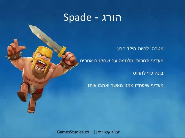 ‫יעל‬‫חקשוריאן‬|GamesStudies.co.il
‫הורג‬-Spade
‫מטרה‬:‫הרע‬ ‫הילד‬ ‫להיות‬
‫אחרים‬ ‫שחקנים‬ ‫עם‬ ‫ומלחמה‬ ‫תחרות‬ ‫מעדיף‬...