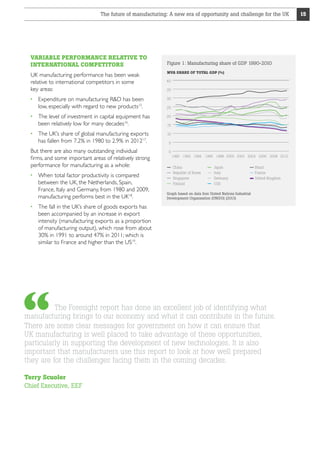 The future of manufacturing: A new era of opportunity and challenge for the UK

VARIABLE PERFORMANCE RELATIVE TO
INTERNATIONAL COMPETITORS
UK manufacturing performance has been weak
relative to international competitors in some
key areas:
  xpenditure on manufacturing RD has been
E
low, especially with regard to new products15.
 
The level of investment in capital equipment has
been relatively low for many decades16.
  he UK’s share of global manufacturing exports
T
has fallen from 7.2% in 1980 to 2.9% in 201217.
But there are also many outstanding individual
firms, and some important areas of relatively strong
performance for manufacturing as a whole:
  hen total factor productivity is compared
W
between the UK, the Netherlands, Spain,
France, Italy and Germany, from 1980 and 2009,
manufacturing performs best in the UK18.

Figure 1: Manufacturing share of GDP 1990-2010
MVA SHARE OF TOTAL GDP (%)
40
35
30
25
20
15
10
5
0
1990 1992 1994

China
Republic of Korea
Singapore
Finland

1996 1998 2000 2002 2004 2006 2008 2010

Japan
Italy
Germany
USA

Brazil
France
United Kingdom

Graph based on data fron United Nations Industrial
Development Organisation (UNIDO) (2013)

  he fall in the UK’s share of goods exports has
T
been accompanied by an increase in export
intensity (manufacturing exports as a proportion
of manufacturing output), which rose from about
30% in 1991 to around 47% in 2011; which is
similar to France and higher than the US19.

The Foresight report has done an excellent job of identifying what
manufacturing brings to our economy and what it can contribute in the future.
There are some clear messages for government on how it can ensure that
UK manufacturing is well placed to take advantage of these opportunities,
particularly in supporting the development of new technologies. It is also
important that manufacturers use this report to look at how well prepared
they are for the challenges facing them in the coming decades.
Terry Scuoler
Chief Executive, EEF

15

 