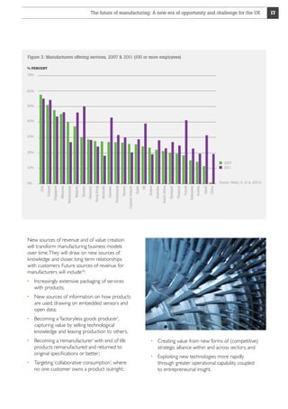 The future of manufacturing: A new era of opportunity and challenge for the UK

Figure 3: Manufacturers offering services, 2007  2011 (100 or more employees)
% PERCENT
70%

60%

50%

40%

30%

20%
2007
2011

10%

Source: Neely, A. et al. (2011)
China

Japan

Austria

France

Indonesia

Thailand

Denmark

Australia

South Africa

UK

Greece

Spain

Cayman Islands

Taiwan

Switzerland

Sweden

Bermuda

Germany

Hong Kong

Norway

Belgium

Netherlands

Malaysia

Singapore

USA

Finland

0%

New sources of revenue and of value creation
will transform manufacturing business models
over time. They will draw on new sources of
knowledge and closer, long term relationships
with customers. Future sources of revenue for
manufacturers will include26:
 ncreasingly extensive packaging of services
I
with products;
  ew sources of information on how products
N
are used, drawing on embedded sensors and
open data;
  ecoming a ‘factoryless goods producer’,
B
capturing value by selling technological
knowledge and leaving production to others;
  ecoming a ‘remanufacturer’ with end of life
B
products remanufactured and returned to
original specifications or better;
  argeting ‘collaborative consumption’, where
T
no one customer owns a product outright;

  reating value from new forms of (competitive)
C
strategic alliance within and across sectors; and
  xploiting new technologies more rapidly
E
through greater operational capability coupled
to entrepreneurial insight.

17

 