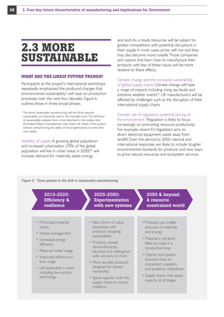 28

2. Four key future characteristics of manufacturing and implications for Government

2.3 MORE
SUSTAINABLE
WHAT ARE THE LIKELY FUTURE TRENDS?
Participants at the project’s international workshops
repeatedly emphasised the profound changes that
environmental sustainabilityiv will have on production
processes over the next four decades. Figure 6
outlines these in three broad phases.
The terms ‘sustainable manufacturing’ and the ‘drive towards
sustainability’ are frequently used in the Foresight work. The definition
of sustainability adopted here is that described in the widely cited
Brundtland Report: ‘development that meets the needs of the present
without compromising the ability of future generations to meet their
own needs’.

iv 

Volatility of supply: A growing global population
and increased urbanisation (70% of the global
population will live in urban areas in 2050)55 will
increase demand for materials, water, energy

and land. As a result, resources will be subject to
greater competition, with potential disruptions in
their supply. In most cases, prices will rise and they
may also become more volatile. Those companies
and nations that learn how to manufacture their
products with less of these inputs will be more
resilient to these effects.
Climate change and the increased vulnerability
of global supply chains: Climate change will have
a range of impacts including rising sea levels and
extreme weather events56. UK manufacturers will be
affected by challenges such as the disruption of their
international supply chains.
Greater use of regulation, potential ‘pricing of
the environment’: Regulation is likely to focus
increasingly on promoting resource productivity.
For example, recent EU legislation aims to
divert electrical equipment waste away from
landfill. Over the period to 2050, national and
international responses are likely to include tougher
environmental standards for products and new ways
to price natural resources and ecosystem services.

Figure 6: Three phases in the shift to sustainable manufacturing

2013-2025:
Efficiency 
resilience

 Minimised material
inputs
 Waste management
 Increased energy
efficiency
 Reduced water usage
 Improved efficiency in
land usage
 UK leadership in areas
including low-carbon
technology

2025-2050:
Experimentation
with new systems

 New forms of value
associated with
products including
sustainability
 Products reused,
remanufactured,
recycled and redesigned
with recovery in mind
 More durable products
designed for shared
ownership
 Spare capacity built into
supply chains to ensure
resilience

2050  beyond:
A resource
constrained world

 Products use smaller
amounts of materials
and energy
 Material is not landfilled but kept in a
‘productive loop’
 Cleaner and quieter
factories close to
consumers, suppliers
and academic institutions
 Supply chains with spare
capacity at all stages

 