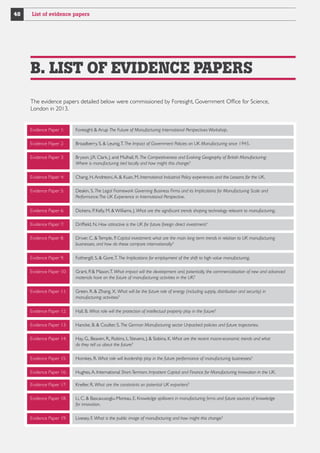 48

List of evidence papers

B. LIST OF EVIDENCE PAPERS
The evidence papers detailed below were commissioned by Foresight, Government Office for Science,
London in 2013.
Evidence Paper 1:

Foresight  Arup The Future of Manufacturing International Perspectives Workshop.

Evidence Paper 2:

Broadberry, S.  Leunig, T. The Impact of Government Policies on UK Manufacturing since 1945.

Evidence Paper 3:

Bryson, J.R. Clark, J. and Mulhall, R. The Competitiveness and Evolving Geography of British Manufacturing:
Where is manufacturing tied locally and how might this change?

Evidence Paper 4:

Chang, H. Andreoni, A.  Kuan, M. International Industrial Policy experiences and the Lessons for the UK.

Evidence Paper 5:

Deakin, S. The Legal Framework Governing Business Firms and its Implications for Manufacturing Scale and
Performance: The UK Experience in International Perspective.

Evidence Paper 6:

Dickens, P. Kelly, M.  Williams, J. What are the significant trends shaping technology relevant to manufacturing.

Evidence Paper 7:

Driffield, N. How attractive is the UK for future foreign direct investment?

Evidence Paper 8:

Driver, C.  Temple, P. Capital investment: what are the main long term trends in relation to UK manufacturing
businesses, and how do these compare internationally?

Evidence Paper 9:

Fothergill, S.  Gore, T. The Implications for employment of the shift to high value manufacturing.

Evidence Paper 10:

Grant, P.  Mason, T. What impact will the development and, potentially, the commercialisation of new and advanced
materials have on the future of manufacturing activities in the UK?

Evidence Paper 11:

Green, R.  Zhang, X. What will be the future role of energy (including supply, distribution and security) in
manufacturing activities?

Evidence Paper 12:

Hall, B. What role will the protection of intellectual property play in the future?

Evidence Paper 13:

Hancke, B.  Coulter, S. The German Manufacturing sector Unpacked: policies and future trajectories.

Evidence Paper 14:

Hay, G., Beaven, R., Robins, I., Stevens, J.  Sobina, K. What are the recent macro-economic trends and what
do they tell us about the future?

Evidence Paper 15:

Homkes, R. What role will leadership play in the future performance of manufacturing businesses?

Evidence Paper 16:

Hughes, A. International Short-Termism, Impatient Capital and Finance for Manufacturing Innovation in the UK.

Evidence Paper 17:

Kneller, R. What are the constraints on potential UK exporters?

Evidence Paper 18:

Li, C.  Bascavusoglu-Moreau, E. Knowledge spillovers in manufacturing firms and future sources of knowledge
for innovation.

Evidence Paper 19:

Livesey, F. What is the public image of manufacturing and how might this change?

 