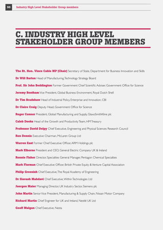 50

Industry High Level Stakeholder Group members

C. INDUSTRY HIGH LEVEL
STAKEHOLDER GROUP MEMBERS

The Rt. Hon. Vince Cable MP (Chair) Secretary of State, Department for Business Innovation and Skills
Dr Will Barton Head of Manufacturing, Technology Strategy Board
Prof. Sir John Beddington Former Government Chief Scientific Adviser, Government Office for Science
Jeremy Bentham Vice President, Global Business Environment, Royal Dutch Shell
Dr Tim Bradshaw Head of Industrial Policy, Enterprise and Innovation, CBI
Dr Claire Craig Deputy Head, Government Office for Science
Roger Connor President, Global Manufacturing and Supply, GlaxoSmithKline plc
	
Caleb Deeks Head of the Growth and Productivity Team, HM Treasury
Professor David Delpy Chief Executive, Engineering and Physical Sciences Research Council
Ron Dennis Executive Chairman, McLaren Group Ltd
	
Warren East Former Chief Executive Officer, ARM Holdings plc
Mark Elborne President and CEO, General Electric Company UK  Ireland
Ronnie Fisher Director, Specialties General Manager, Pentagon Chemical Specialties
Mark Florman Chief Executive Officer, British Private Equity  Venture Capital Association
	
Philip Greenish Chief Executive, The Royal Academy of Engineering
Dr Siavash Mahdavi Chief Executive, Within Technologies Ltd
Juergen Maier Managing Director, UK Industry Sector, Siemens plc
John Martin Senior Vice President, Manufacturing  Supply Chain, Nissan Motor Company
Richard Martin Chief Engineer for UK and Ireland, Nestlé UK Ltd
Geoff Mulgan Chief Executive,	Nesta

 