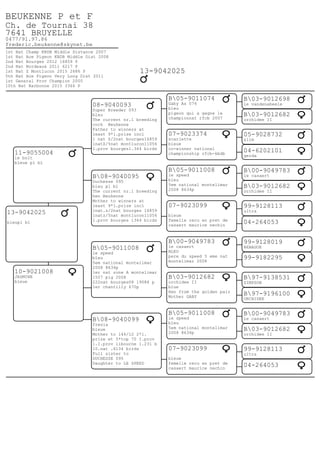 BEUKENNE P et F
Ch. de Tournai 38
7641 BRUYELLE
0477/91.97.86
frederic.beukenne@skynet.be
1st Nat Champ KBDB Middle Distance 2007
1st Nat Ace Pigeon KBDB Middle Dist 2008
2nd Nat Bourges 2012 16859 P
2nd Nat Bordeaux 2011 6217 P
1st Nat Z Montlucon 2015 2686 P
5th Nat Ace Pigeon Very Long Dist 2011
1st General Prov Champion 2005
10th Nat Narbonne 2015 3366 P
13-9042025
13-9042025
bleupl bl
11-9055004
le bolt
bleue pl bl
10-9021008
JASMINE
bleue
08-9040093
Super Breeder 093
bleu
The current nr.1 breeding
cock Beukenne
Father to winners at
least 9*1.prize incl
1 nat Z/2nat bourges16859
1natZ/5nat montlucon11056
1.prov bourges1.364 birds
B08-9040095
Duchesse 095
bleu pl bl
The current nr.1 breeding
hen Beukenne
Mother to winners at
least 9*1.prize incl
1nat.z/2nat bourges 16859
1natz/5nat montlucon11056
1.prov bourges 1364 birds
B05-9011008
le speed
bleu
5em national montelimar
2008 8634p
1er nat zone A montelimar
1507 pig 2008
222nat bourges08 19084 p
1er chantilly 670p
B08-9040099
fresia
bleue
Mother to 146/12 2*1.
prize et 5*top 70 I.prov
1.I.prov libourne 1.231 b
10.nat .6134 birds
Full sister to
DUCHESSE 095
Daughter to LE SPEED
B05-9011074
Gaby As 074
bleu
pigeon qui a gagne le
championnat rfcb 2007
07-9023374
scarlette
bleue
co-winner national
championship rfcb-kbdb
B05-9011008
le speed
bleu
5em national montelimar
2008 8634p
07-9023099
bleue
femelle recu en pret de
casaert maurice nechin
B00-9049783
le casaert
BLEU
pere du speed 5 eme nat
montelimar 2008
B03-9012682
orchidee II
blue
Hen from the golden pair
Mother GABY
B05-9011008
le speed
bleu
5em national montelimar
2008 8634p
07-9023099
bleue
femelle recu en pret de
casaert maurice nechin
B03-9012698
le vandenabeele
05-9028732
slim
B00-9049783
le casaert
99-9128113
ultra
99-9128019
REBAGUE
B97-9138531
SIMPSON
B00-9049783
le casaert
99-9128113
ultra
B03-9012682
orchidee II
04-6202101
gerda
B03-9012682
orchidee II
04-264053
99-9182295
B97-9196100
ORCHIDEE
B03-9012682
orchidee II
04-264053
 