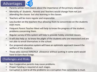 Advantages
• Parents will be more aware about the importance of the primary education.
• Mentality of Students , Parents and Teachers would change from not just
attending the classes but also learning in the classes.
• Teachers will be more regular and responsible
• Less burden on the teachers thus allowing them to concentrate on the students
even more.
• Frequent Parent Teacher Meet will help to know the progress of the student ,
problems concerning them.
• Regular survey of this system will help to provide hobby oriented classes.
• It will also help us to know the plight of the students who are interested and are
not able to enroll themselves in the school.
• Our proposed education system will have an optimistic approach toward the
welfare of the students.
• Those who claimed MNERGA allowance without putting in some work would
have to earn their livings.
Challenges and Risks
• Non Cooperative parents may cause problems.
• Proper Funding is required at each stages.
• Corruption is root to all the problems so a corruption free committee is must.
 