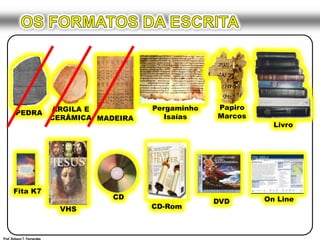 DVDPergaminhoIsaíasPEDRACDFita K7LivroMADEIRACD-RomPapiro MarcosARGILA E CERÂMICAVHSOn LineOS FORMATOS DA ESCRITAProf. Robson T. Fernandes