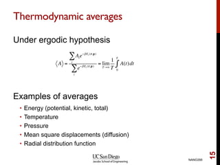 Thermodynamic averages
Under ergodic hypothesis
Examples of averages
•  Energy (potential, kinetic, total)
•  Temperature
...