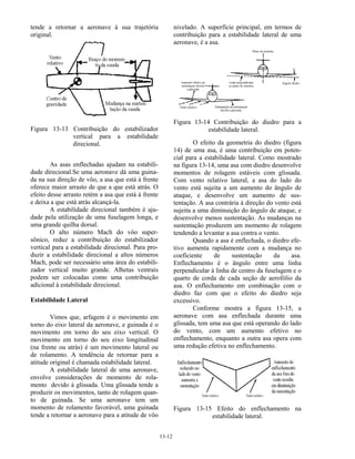 13-12
tende a retornar a aeronave à sua trajetória
original.
Figura 13-13 Contribuição do estabilizador
vertical para a estabilidade
direcional.
As asas enflechadas ajudam na estabili-
dade direcional.Se uma aeronave dá uma guina-
da na sua direção de vôo, a asa que está à frente
oferece maior arrasto de que a que está atrás. O
efeito desse arrasto retém a asa que está à frente
e deixa a que está atrás alcançá-la.
A estabilidade direcional também é aju-
dade pela utilização de uma fuselagem longa, e
uma grande quilha dorsal.
O alto número Mach do vôo super-
sônico, reduz a contribuição do estabilizador
vertical para a estabilidade direcional. Para pro-
duzir a estabilidade direcional a altos números
Mach, pode ser necessário uma área do estabili-
zador vertical muito grande. Alhetas ventrais
podem ser colocadas como uma contribuição
adicional à estabilidade direcional.
Estabilidade Lateral
Vimos que, arfagem é o movimento em
torno do eixo lateral da aeronave, e guinada é o
movimento em torno do seu eixo vertical. O
movimento em torno do seu eixo longitudinal
(na frente ou atrás) é um movimento lateral ou
de rolamento. A tendência de retornar para a
atitude original é chamada estabilidade lateral.
A estabilidade lateral de uma aeronave,
envolve considerações de momento de rola-
mento devido à glissada. Uma glissada tende a
produzir os movimentos, tanto de rolagem quan-
to de guinada. Se uma aeronave tem um
momento de rolamento favorável, uma guinada
tende a retornar a aeronave para a atitude de vôo
nivelado. A superfície principal, em termos de
contribuição para a estabilidade lateral de uma
aeronave, é a asa.
Figura 13-14 Contribuição do diedro para a
estabilidade lateral.
O efeito da geometria do diedro (figura
14) de uma asa, é uma contribuição em poten-
cial para a estabilidade lateral. Como mostrado
na figura 13-14, uma asa com diedro desenvolve
momentos de rolagem estáveis com glissada.
Com vento relativo lateral, a asa do lado do
vento está sujeita a um aumento do ângulo de
ataque, e desenvolve um aumento de sus-
tentação. A asa contrária à direção do vento está
sujeita a uma diminuição do ângulo de ataque, e
desenvolve menos sustentação. As mudanças na
sustentação produzem um momento de rolagem
tendendo a levantar a asa contra o vento.
Quando a asa é enflechada, o diedro efe-
tivo aumenta rapidamente com a mudança no
coeficiente de sustentação da asa.
Enflechamento é o ângulo entre uma linha
perpendicular à linha de centro da fuselagem e o
quarto de corda de cada seção de aerofólio da
asa. O enflechamento em combinação com o
diedro faz com que o efeito do diedro seja
excessivo.
Conforme mostra a figura 13-15, a
aeronave com asa enflechada durante uma
glissada, tem uma asa que está operando do lado
do vento, com um aumento efetivo no
enflechamento, enquanto a outra asa opera com
uma redução efetiva no enflechamento.
Figura 13-15 Efeito do enflechamento na
estabilidade lateral.
 