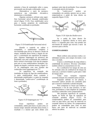 13-17
aumenta a força de sustentação sobre a causa,
provocando sua elevação e abaixando o nariz.
Abaixando-se o nariz da aeronave,
aumenta-se sua velocidade; elevando-o,
diminuimos a velocidade.
Algumas aeronaves utilizam uma super-
fície horizontal móvel chamada estabilizador
móvel (figura 13-24). Esse estabilizador serve
para o mesmo propósito do estabilizador
horizontal, combinado ao profundor.
Figura 13-24 Estabilizador horizontal móvel.
Quando o controle na cabine é
comandado, o estabilizador completo é
movimentado para elevar ou abaixar o bordo de
ataque, mudando dessa forma o ângulo de ata-
que e a sustentação nas superfícies da empena-
gem. Algumas empenagens de aeronaves são
projetadas com uma combinação dos estabiliza-
dores vertical e horizontal. Esse tipo de empena-
gem tem os seus estabilizadores montados, for-
mando um ângulo, conforme mostra a figura 13-
25 As empenagens com esse formato são
conhecidas como empenagem em "V".
As superfícies de comando são
instaladas no bordo de fuga dos estabilizadores.
A parte estabilizadora desse conjunto é
denominada estabilizador e a parte de comando
é denominada "ruddervators" (combinação de
leme e profundor).
Figura 13-25 Empenagem em “ V “ .
Essas superfícies podem ser
comandadas, ambas para baixo ou para cima, ao
mesmo tempo. Quando utilizadas dessa forma, o
resultado é o mesmo que seria obtido com
qualquer outro tipo de profundor. Esse comando
é executado através do manche.
Os "ruddervators" podem ser
comandados em sentidos opostos um ao outro,
empurrando-se o pedal do leme direito ou
esquerdo (figura 13-26).
Figura 13-26 Ação dos Ruddervators
Se o pedal do leme direito for
empurrado, a superfície direita se move para
baixo e a esquerda para cima. Isso produz um
movimento de rotação que moverá o nariz da
aeronave para a direita.
COMPENSADORES
Muito embora uma aeronave tenha a es-
tabilidade inerente, nem sempre ela tende a voar
reta e nivelada.
O peso e a distribuição da carga afetam a
estabilidade da aeronave. Diversas velocidades
também afetam as características de vôo.
Se o combustível do tanque de uma asa
for utilizado antes do combustível do tanque da
outra asa, a aeronave tenderá a girar para o lado
do tanque cheio.
Todas essas variações requerem
constante atuação nos comandos para correção.
Enquanto subindo ou em planeio, é
necessário aplicar pressão nos comandos para
que a aeronave mantenha a atitude desejada.
Para compensar as forças que tendem a
desbalancear o vôo de uma aeronave, os aile-
rons, profundores e leme dispõem de comandos
auxiliares conhecidos como compensadores.
São pequenas superfícies de comando,
ligadas ao bordo de fuga da superfície de
comando primária (figura 13-27). Os
compensadores podem ser comandados para
cima ou para baixo, por meio de manivela ou
comando elétrico na cabine. Os compensadores
podem ser comandados para cima ou para
baixo, por meio de manivela ou comando
elétrico na cabine.
 
