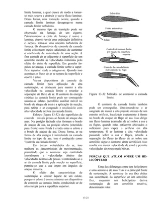 13-21
limite laminar, a qual cresce de modo a tornar-
se mais severa e destruir o suave fluxo laminar.
Dessa forma, uma transição ocorre, quando a
camada limite laminar desagrega-se numa
camada limite turbulenta.
O mesmo tipo de transição pode ser
observado na fumaça de um cigarro.
Primeiramente a cinta de fumaça é suave e
laminar, depois revela uma ondulação definitiva
e, depois, torna-se uma amostra turbulenta de
fumaça. Os dispositivos de controle da camada
limite constituem meios adicionais de aumentar
o coeficiente de sustentação de uma seção. A
fina camada de ar adjacente à superfície de um
aerofólio mostra as velocidades reduzidas pelo
efeito do atrito de superfície. Em grandes ân-
gulos de ataque, a camada limite sobre a super-
fície superior tende a estagnar-se. Quando isso
acontece, o fluxo de ar se separa da superfície e
ocorre o estol.
Vários dispositivos de controle da
camada limite para aplicação de alta
sustentação, se destacam para manter a alta
velocidade na camada limite e retardar a
separação do fluxo de ar. O controle da energia
cinética da camada limite pode ser conseguido
usando-se eslates (aerofólio auxiliar móvel no
bordo de ataque da asa) e a aplicação de sucção,
para retirar o ar estagnado e recolocá-lo com
alta velocidade de fora da camada limite.
Eslotes (figura 13-32) são superfícies de
controle móveis presas ao bordo de ataque das
asas. Na posição fechada eles formam o bordo
de ataque da asa, na posição aberta (estendido
para frente) uma fenda é criada entre o eslote e
o bordo de ataque da asa. Dessa forma, ar na
forma de alta energia é introduzido na camada
limite no topo da asa. isso é conhecido como
"controle da camada limite".
Em baixas velocidades do ar, isso
melhora as características de movimentação,
permitindo que a aeronave seja controlada
lateralmente a velocidades abaixo das
velocidades normais de pouso. Controlando-se o
ar da camada limite pela sucção na superfície,
permite-se que a asa opere em ângulos de
ataque maiores.
O efeito das características de
sustentação é similar àquele de um eslote,
porque o eslote é essencialmente um dispositivo
de controle da camada limite, conduzindo ar de
alta energia para a superfície superior.
Figura 13-32 Métodos de controlar a camada
limite.
O controle da camada limite também
pode ser conseguido, direcionando-se o ar
sangrado do motor a alta pressão através de um
estreito orifício, localizado exatamente à frente
no bordo de ataque do flape de asa. Isso dirige
um fluxo laminar (camadas de ar) sobre a asa e
os flapes, quando estes estiverem abaixados o
suficiente para expor o orifício em alta
temperatura. O ar laminar a alta velocidade
passando sobre a asa e flapes, retarda a
separação do fluxo (o fluxo de ar sobre um
aerofólio segue o contorno deste aerofólio). Isso
resulta em menor velocidade de estol e permite
velocidades de pouso mais baixas.
FORÇAS QUE ATUAM SOBRE UM HE-
LICÓPTERO
Uma das diferenças entre um helicóptero
e uma aeronave de asas fixas é a principal fonte
de sustentação. A aeronave de asa fixa deduz
sua sustentação da superfície de um aerofólio
fixo, enquanto um helicóptero deriva
sustentação de um aerofólio rotativo,
denominado rotor.
 