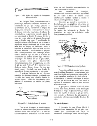 13-25
Figura 13-38 Ação do ângulo de batimento
(plano vertical).
No vôo para frente, considerando que o
passo da pá permanece constante, o aumento de
sustentação na pá que avança, provoca o
levantamento da pá, aumentando o ângulo de
ataque, uma vez que o vento relativo irá mudar
da direção horizontal para baixo. A redução da
sustentação na pá que recua causará a queda da
pá, aumentando o ângulo de ataque devido à
troca do vento relativo, da direção horizontal
para a direção para cima. A combinação do
ângulo de ataque reduzido na pá que avança e o
ângulo de ataque aumentado na pá que recua
pela ação do ângulo de batimento, tende a
equalizar a sustentação sobre as duas metades
do disco do rotor. O deslocamento da pá para
cima é conseqüência da força centrífuga, a qual
tende a arrancar a pá do cubo e da força de
sustentação que tende a levantar a pá sobre sua
articulação. Na medida em que as pás sobem,
elas deixam seu plano desenvolvido
momentaneamente. Em conseqüência, a ponta
da pá que está "batendo" deve percorrer uma
distância maior. Dessa forma, ela tem que
atingir maior velocidade pôr uma fração de
segundo, de forma a acompanhar as outras pás.
A ação de batimento da pá, cria uma
condição de desbalanceamento, resultando em
vibração. Para evitar essa vibração, braços de
arrasto (figura 13-39) são incorporados para
permitir o movimento de vaivém no plano
horizontal.
Figura 13-39 Ação do braço de arrasto.
Com as pás livres para se movimentarem
no eixo de arrasto, uma condição de desbalance-
amento é criada, uma vez que o C.G. (Centro de
Gravidade) não irá permanecer fixo, mas sim se
mover em volta do mastro. Esse movimento do
C.G. causa vibração excessiva.
Para amortecer as vibrações,
amortecedores hidráulicos limitam o movimento
das pás sobre o braço de arrasto. Esses
amortecedores também tendem a manter o
relacionamento geométrico das pás.
Um rotor que permite o movimento in-
dividual das pás em relação ao cubo, tanto no
plano vertical quanto horizontal, é chamado de
rotor articulado.
Os pontos de articulação e direção do
movimento, ao redor da articulação, estão
ilustrados na figura 13-40.
Figura 13-40 Cabeça de rotor articulado.
Num sistema bi-pá, as pás batem como
uma só unidade. Enquanto a pá que avança bate
para cima devido ao aumento de sustentação, a
pá que recua bate para baixo, devido à redução
da sustentação. A mudança no ângulo de ataque
em cada pá produzida por esse fato, tende a
equalizar a sustentação sobre as duas metades
do disco do rotor.
A posição do controle cíclico de passo
no vôo para frente, também causa diminuição
do ângulo de ataque na pá que avança, e um au-
mento do ângulo de ataque na pá que recua.
Isso, somados ao batimento das pás equaliza a
sustentação sobre as duas metades do disco do
rotor.
Formação de cones
A formação de cone (figura 13-41) é
uma espécie de dobramento das pás para cima,
causada pela combinação das forças de
sustentação e centrífuga. Antes da decolagem,
 