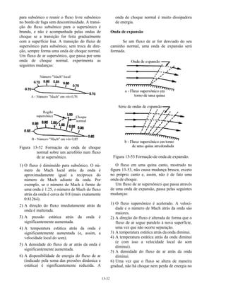 13-32
para subsônico e reunir o fluxo livre subsônico
no bordo de fuga sem descontinuidade. A transi-
ção do fluxo subsônico para o supersônico é
branda, e não é acompanhada pelas ondas de
choque se a transição for feita gradualmente
com a superfície lisa. A transição do fluxo de
supersônico para subsônico, sem troca de dire-
ção, sempre forma uma onda de choque normal.
Um fluxo de ar supersônico, que passa por uma
onda de choque normal, experimenta as
seguintes mudanças:
Figura 13-52 Formação de onda de choque
normal sobre um aerofólio num fluxo
de ar supersônico.
1) O fluxo é diminuído para subsônico. O nú-
mero de Mach local atrás da onda é
aproximadamente igual a recíproca do
número de Mach adiante da onda. Por
exemplo, se o número de Mach à frente de
uma onda é 1.25, o número de Mach do fluxo
atrás da onda é cerca de 0.8 (mais exatamente
0.81264).
2) A direção do fluxo imediatamente atrás da
onda é inalterada.
3) A pressão estática atrás da onda é
significantemente aumentada.
4) A temperatura estática atrás da onda é
significantemente aumentada (e, assim, a
velocidade local do som).
5) A densidade do fluxo de ar atrás da onda é
significantemente aumentada.
6) A disponibilidade de energia do fluxo de ar
(indicado pela soma das pressões dinâmica e
estática) é significantemente reduzida. A
onda de choque normal é muito dissipadora
de energia.
Onda de expansão
Se um fluxo de ar for desviado do seu
caminho normal, uma onda de expansão será
formada.
Figura 13-53 Formação de onda de expansão.
O fluxo em uma quina canto, mostrado na
figura 13-53, não causa mudança brusca, exceto
no próprio canto e, assim, não é de fato uma
onda de choque.
Um fluxo de ar supersônico que passa através
de uma onda de expansão, passa pelas seguintes
mudanças:
1) O fluxo supersônico é acelerado. A veloci-
dade e o número de Mach atrás da onda são
maiores.
2) A direção do fluxo é alterada de forma que o
fluxo de ar segue paralelo à nova superfície,
uma vez que não ocorre separação.
3) A temperatura estática atrás da onda diminui.
4) A temperatura estática atrás da onda diminui
(e com isso a velocidade local do som
diminui).
5) A densidade do fluxo de ar atrás da onda
diminui.
6) Uma vez que o fluxo se altera de maneira
gradual, não há choque nem perda de energia no
 