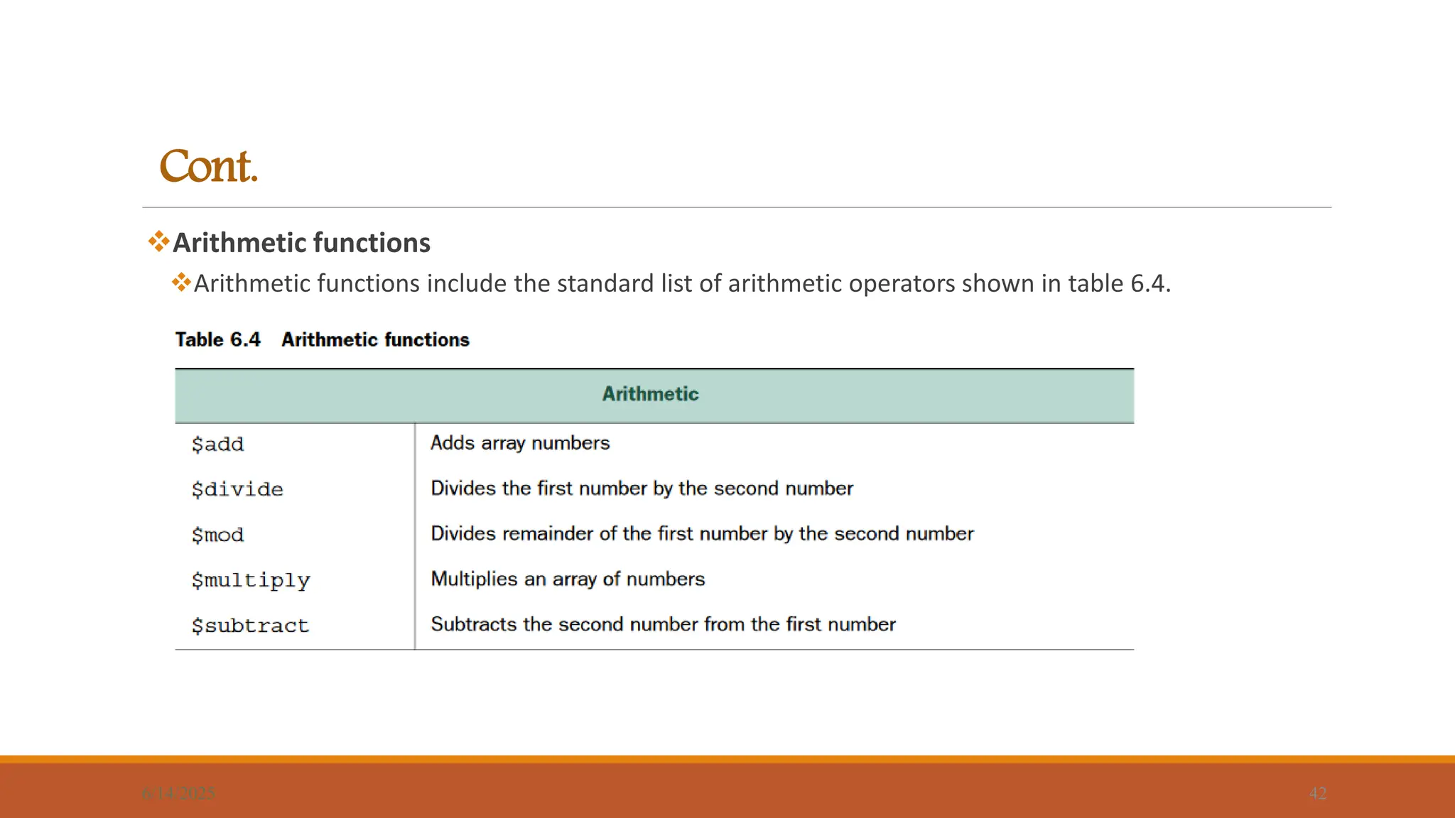 Cont.
Arithmetic functions
Arithmetic functions include the standard list of arithmetic operators shown in table 6.4.
6/14/2025 42
 