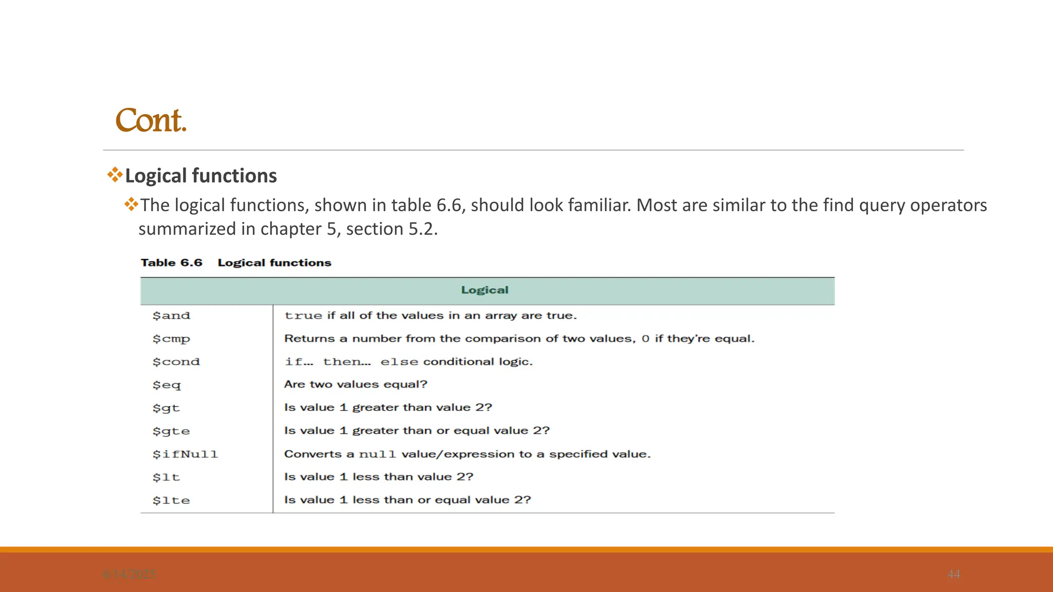 Cont.
Logical functions
The logical functions, shown in table 6.6, should look familiar. Most are similar to the find query operators
summarized in chapter 5, section 5.2.
6/14/2025 44
 
