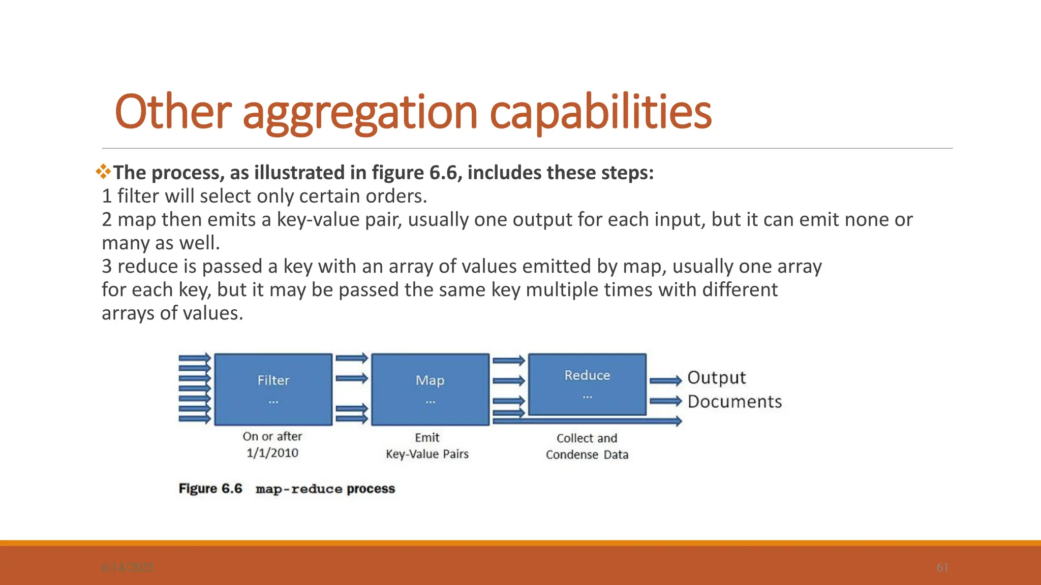 Other aggregation capabilities
6/14/2025 61
The process, as illustrated in figure 6.6, includes these steps:
1 filter will select only certain orders.
2 map then emits a key-value pair, usually one output for each input, but it can emit none or
many as well.
3 reduce is passed a key with an array of values emitted by map, usually one array
for each key, but it may be passed the same key multiple times with different
arrays of values.
 