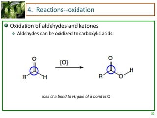 4. Reactions--oxidation

Oxidation of aldehydes and ketones
  Aldehydes can be oxidized to carboxylic acids.




             loss of a bond to H, gain of a bond to O



                                                        20
 