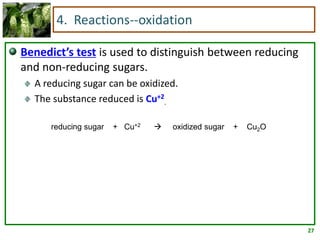4. Reactions--oxidation

Benedict’s test is used to distinguish between reducing
and non-reducing sugars.
  A reducing sugar can be oxidized.
  The substance reduced is Cu+2.

      reducing sugar   + Cu+2      oxidized sugar   +   Cu2O




                                                                27
 