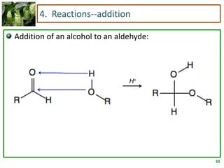 4. Reactions--addition

Addition of an alcohol to an aldehyde:




                                H+




                                         33
 