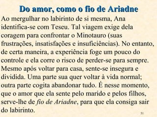 51
Ao mergulhar no labirinto de si mesma, Ana
identifica-se com Teseu. Tal viagem exige dela
coragem para confrontar o Minotauro (suas
frustrações, insatisfações e insuficiências). No entanto,
de certa maneira, a experiência foge um pouco do
controle e ela corre o risco de perder-se para sempre.
Mesmo após voltar para casa, sente-se insegura e
dividida. Uma parte sua quer voltar à vida normal;
outra parte cogita abandonar tudo. É nesse momento,
que o amor que ela sente pelo marido e pelos filhos,
serve-lhe de fio de Ariadne, para que ela consiga sair
do labirinto.
Do amor, como o fio de AriadneDo amor, como o fio de Ariadne
 