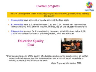 • 41 countries have achieved or nearly achieved the four goals
• 51 countries have EDI values between 0.80 and 0.94. Almost half the countries
in this category, most of them in Latin America, lag on the education quality goal
• 35 countries are very far from achieving the goals, with EDI values below 0.80.
22 are in Sub-Saharan Africa, plus Bangladesh, India and Pakistan
The EFA Development Index measures progress towards UPE, gender parity, literacy
and quality
Overall progress
Education Quality
Goal
“Improving all aspects of the quality of education and ensuring excellence of all so that
recognized and measurable learning outcomes are achieved by all, especially in
literacy, numeracy and essential life skills”
Dakar Framework for Action, 2000
 